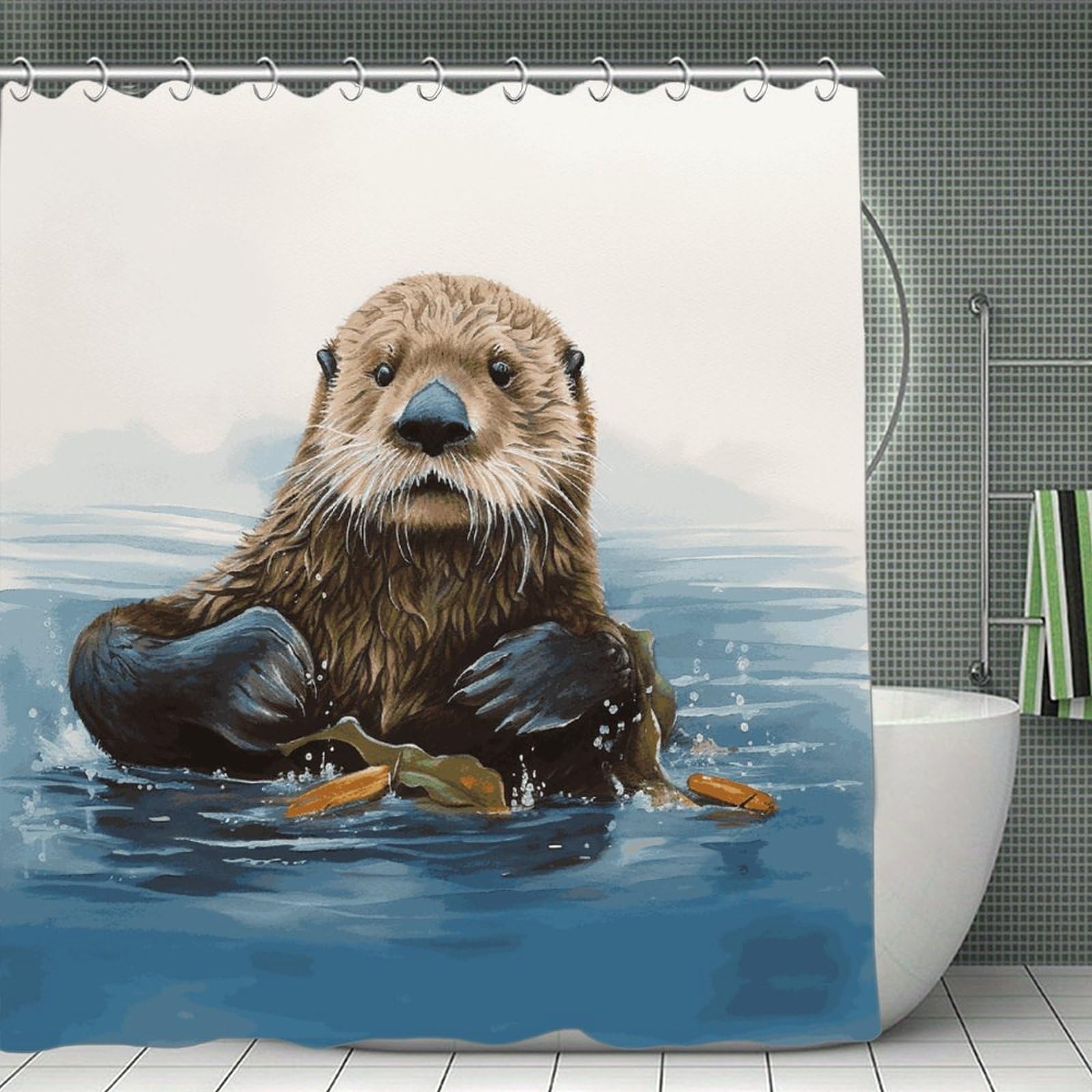 FekiLoot Sea Otter Shower Curtain Minimalist Thick Bathroom Curtain Washable Modern Bathroom Shower Curtain Heavy Duty Waterproof Cloth Bath Curtain with Hooks 70.8"x70.8"