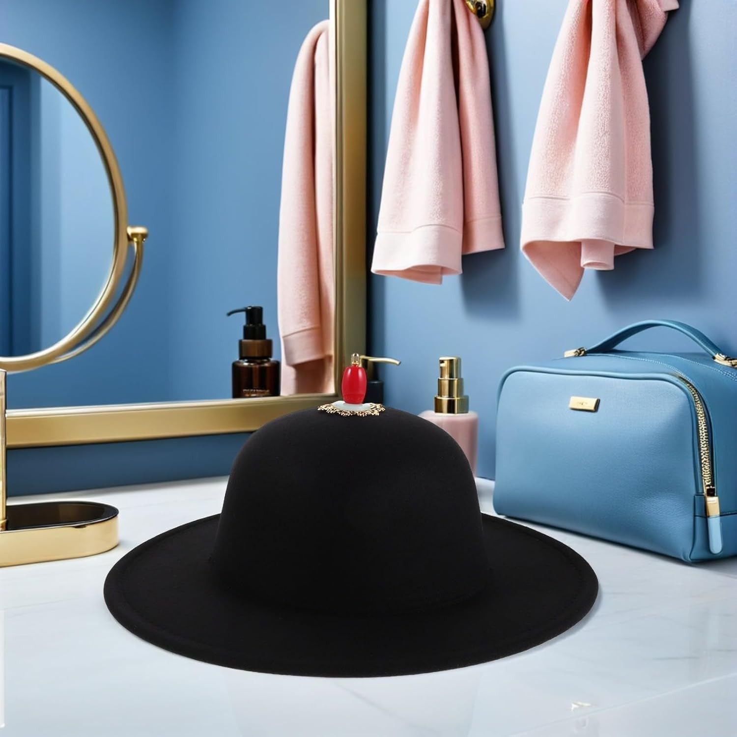 Black Dome Crown Felt Hat with Wide Brim for Historical Reenactment and Cosplay, Woolen Fabric Hat with Adjustable Chin Strap for Stable Fit and Easy Styling Compatibility