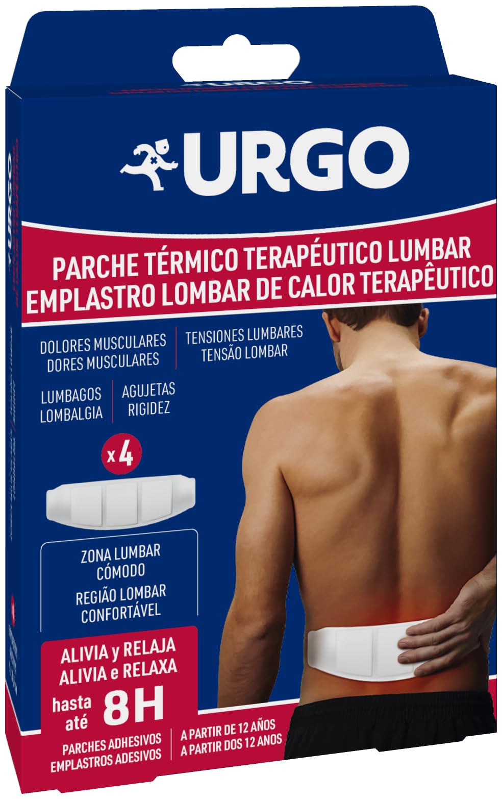 Urgo - Parche térmico terapéutico lumbar - Indicado para dolores musculares y articulares - Caja con 4 parches de 9 cm x 28,8 cm