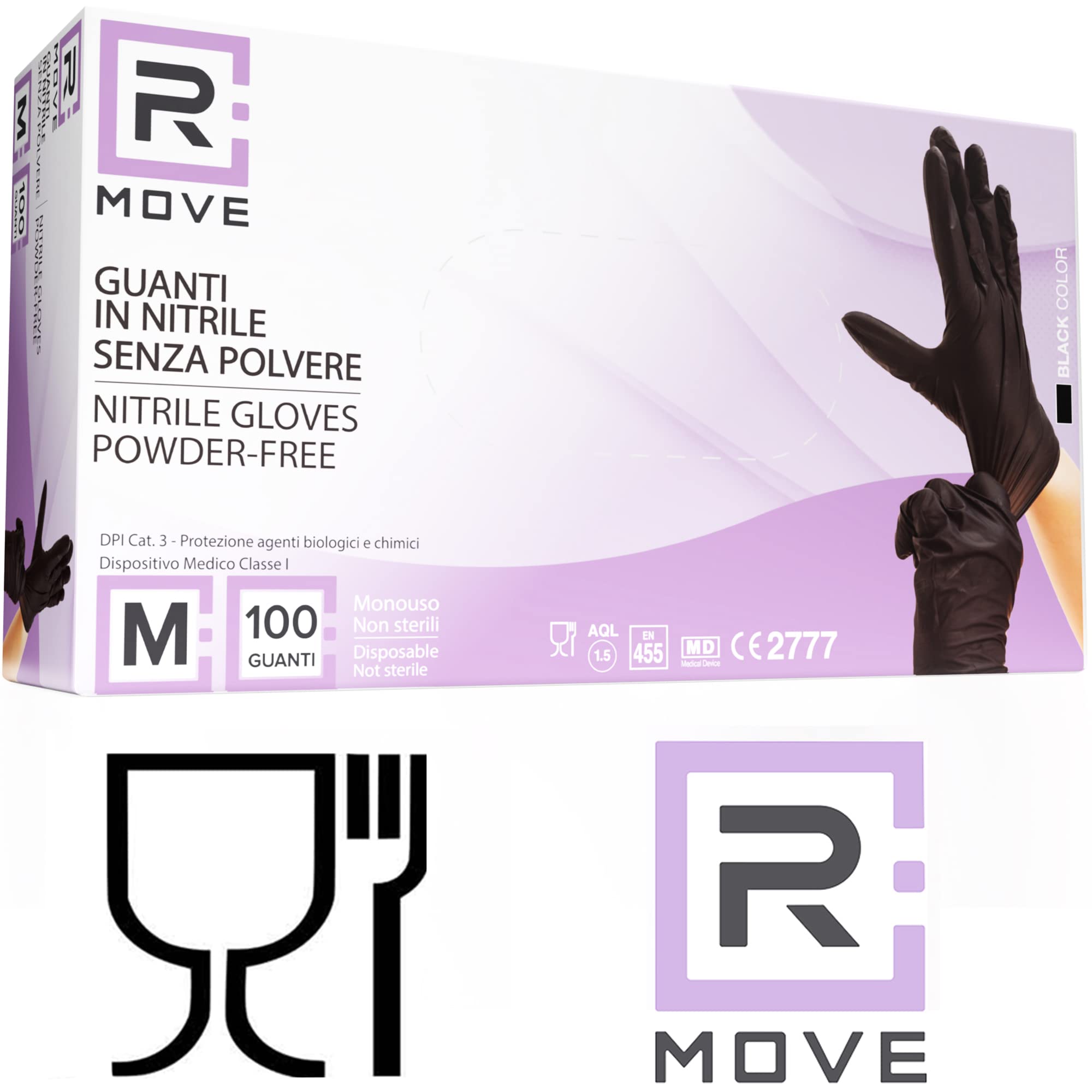 R MOVE 100 guanti in nitrile monouso neri M senza polvere, gloves ambidestri usa e getta per alimenti, non sterili, senza lattice, ipoallergenici - per ambiti medici, Estetisti, Tatuatori (M, Neri)