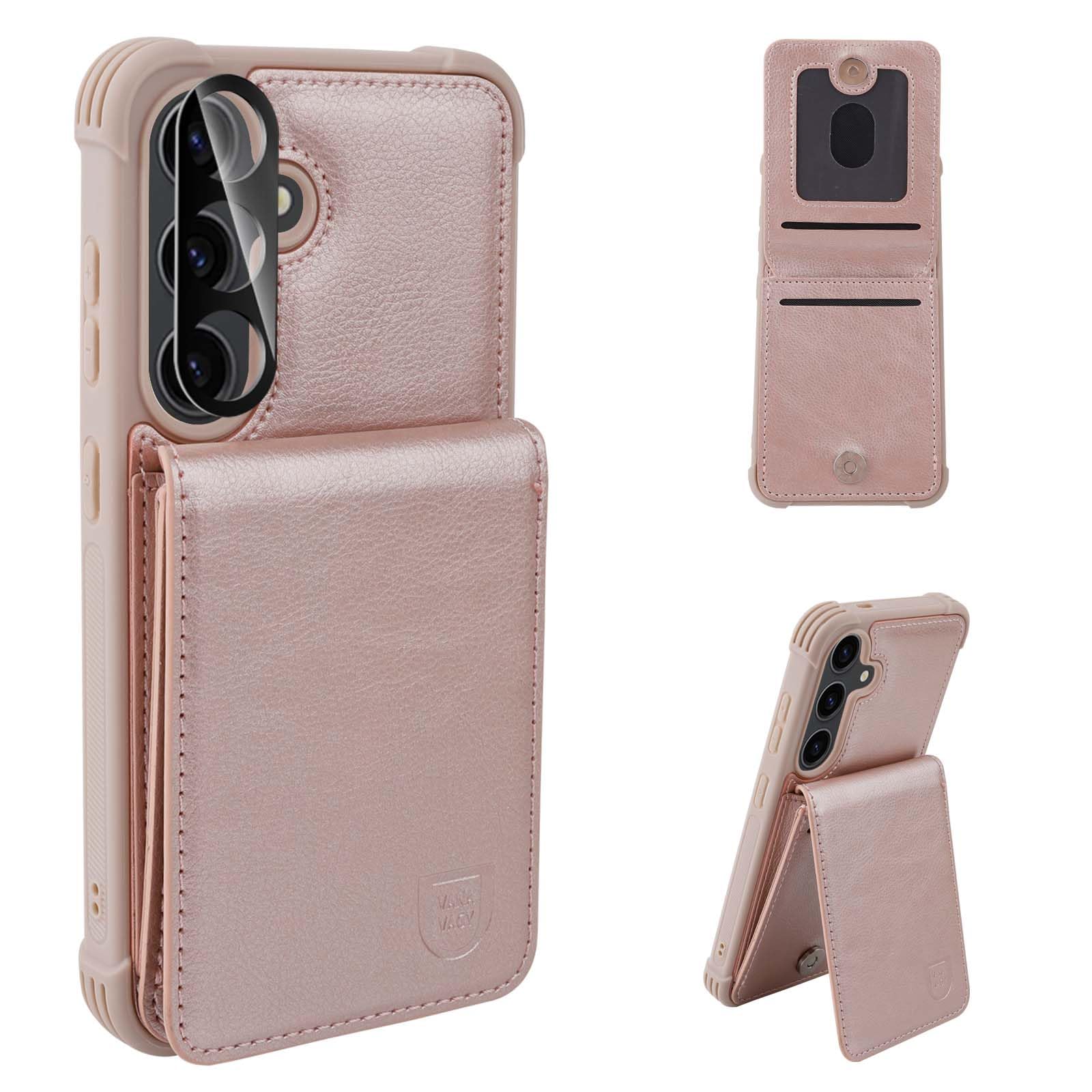 VANAVAGY Wallet Case Compatible for Galaxy S24 5G for Women and Men,Leather Magnetic Clasp Flip Folio Phone Cover with Credit Card Holder and Coin Pocket,Rose Gold - Image 2