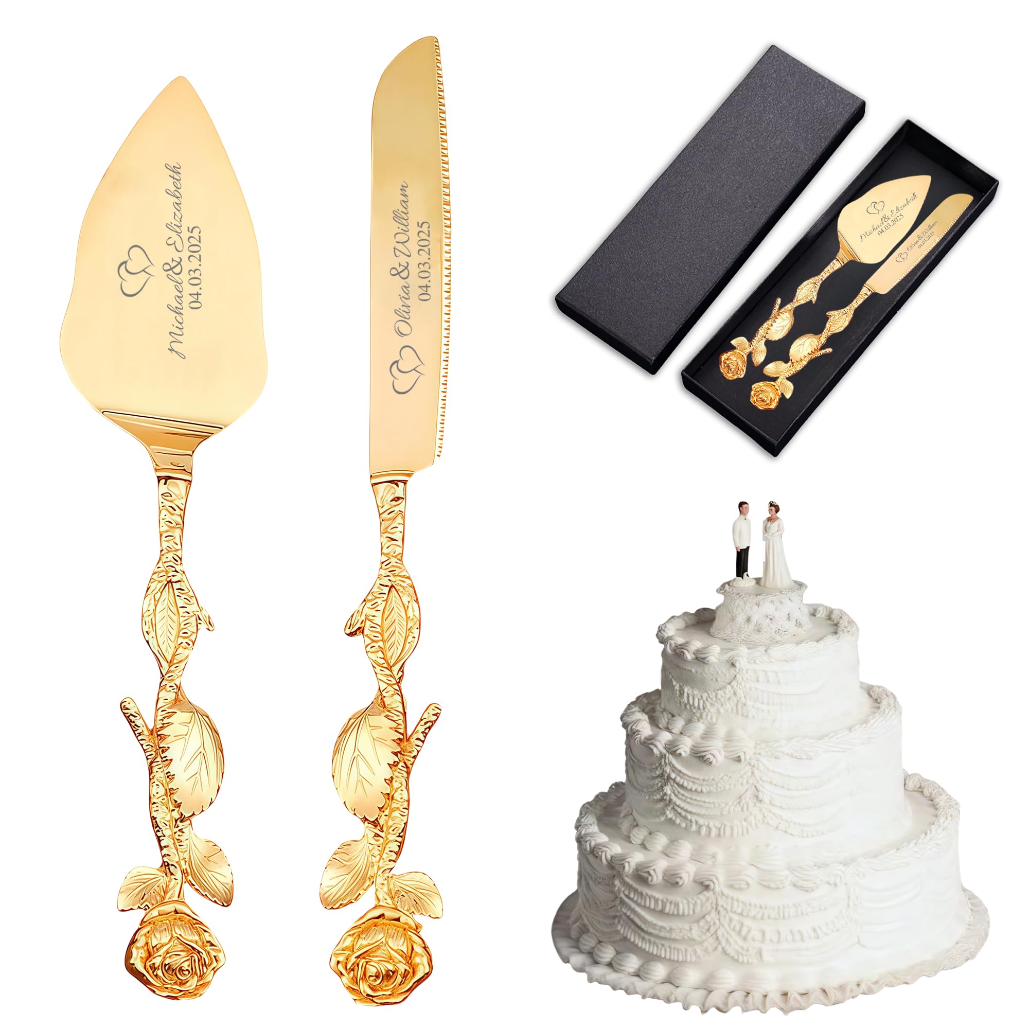 Couteau à Gâteau de Mariage Personnalisé en Acier Inoxydable avec Gravure