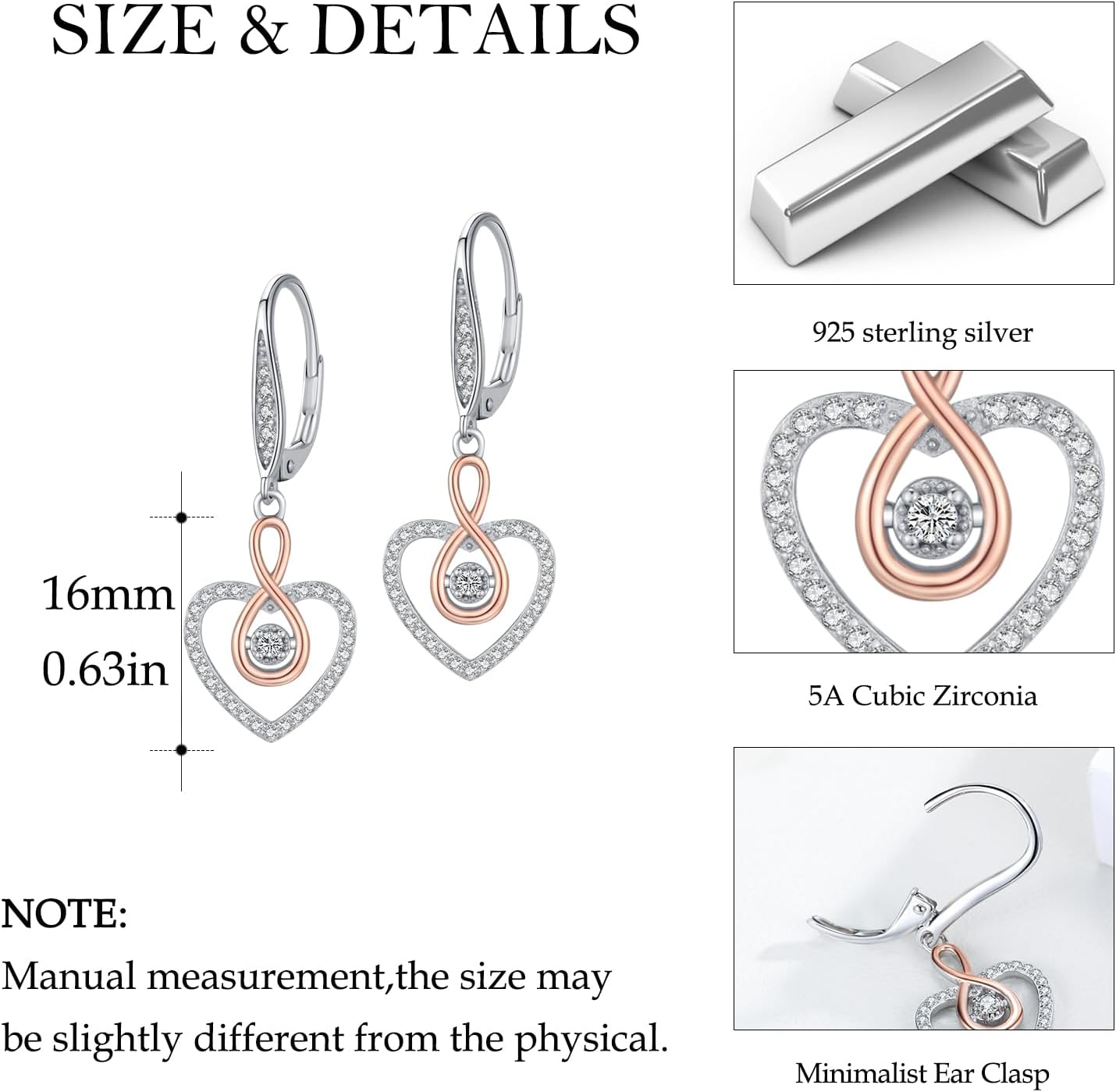 Heart Infinity Earrings for Women 925 Sterling Silver Rose Cubic Zirconia Fine Jewelry Leverback Dangle Drop Earrings Anniversary Graduation Birthday Gifts for Women - Image 5