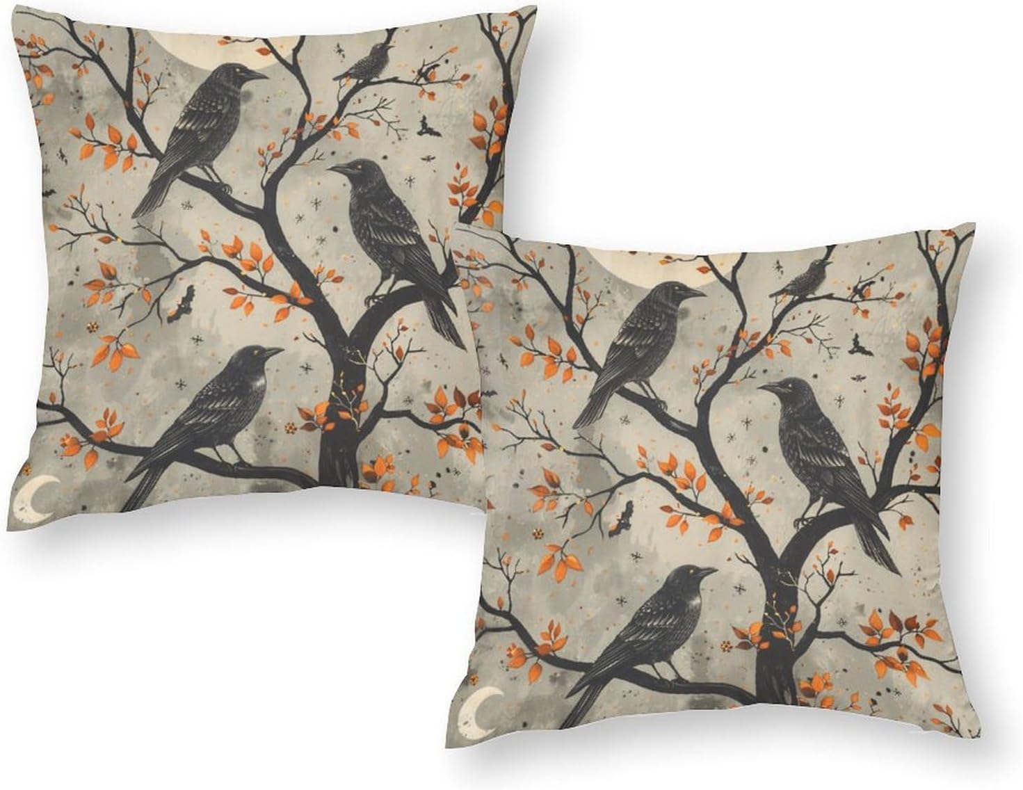 2 Packs Moon Star Crow Throw Pillow Covers for Living Room, Fantasy Jungle Tree Bird Bat Pillow Covers Cushion Case for Couch Sofa Bed, 12x12 inch