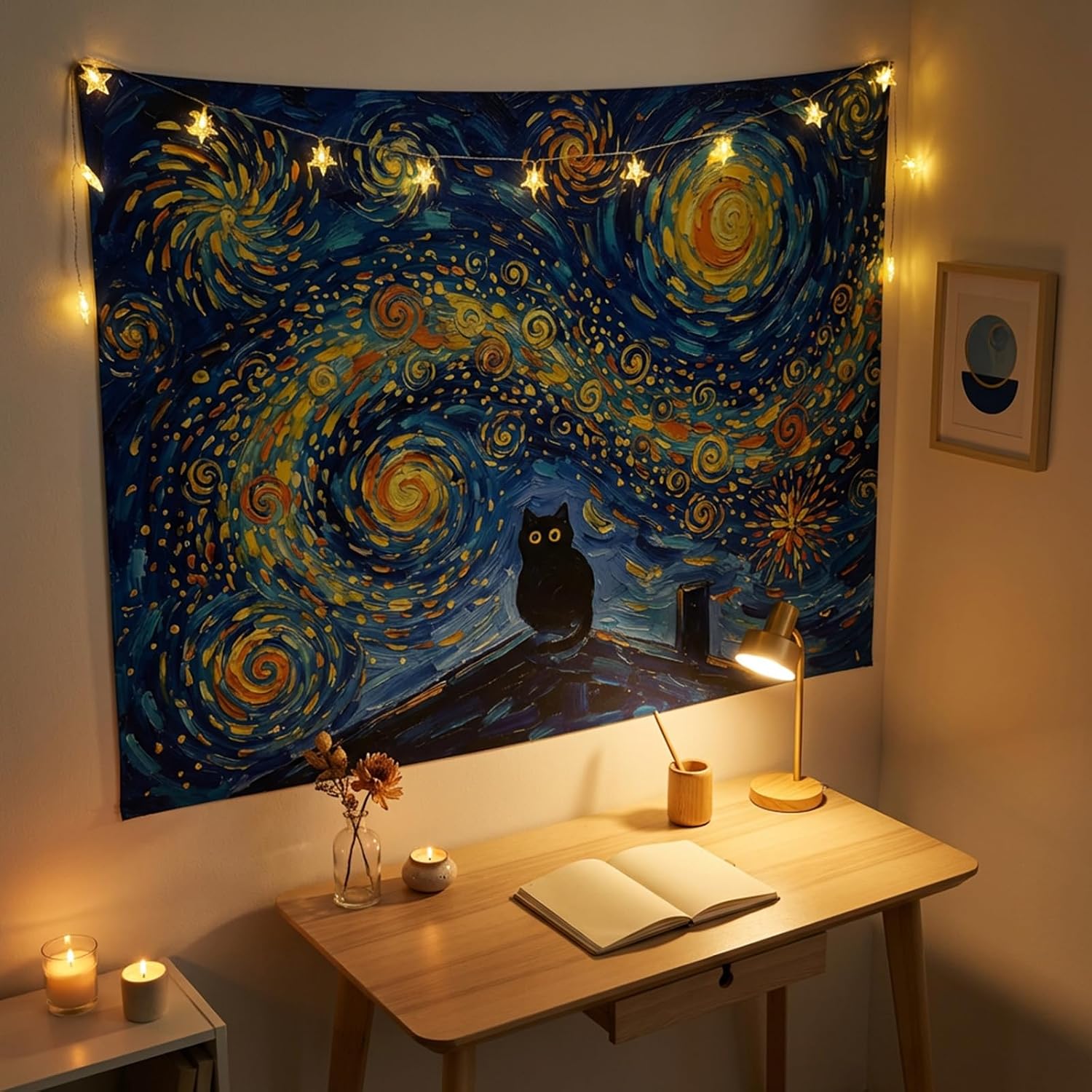 Yeoiat Tapestry Van Gogh Starry Night Cat Tapestries Impressionist Art Tapestries Black Cat on Rooftop Wall Tapestry Bedroom Dormitory Living Room Decoration 60"x44"