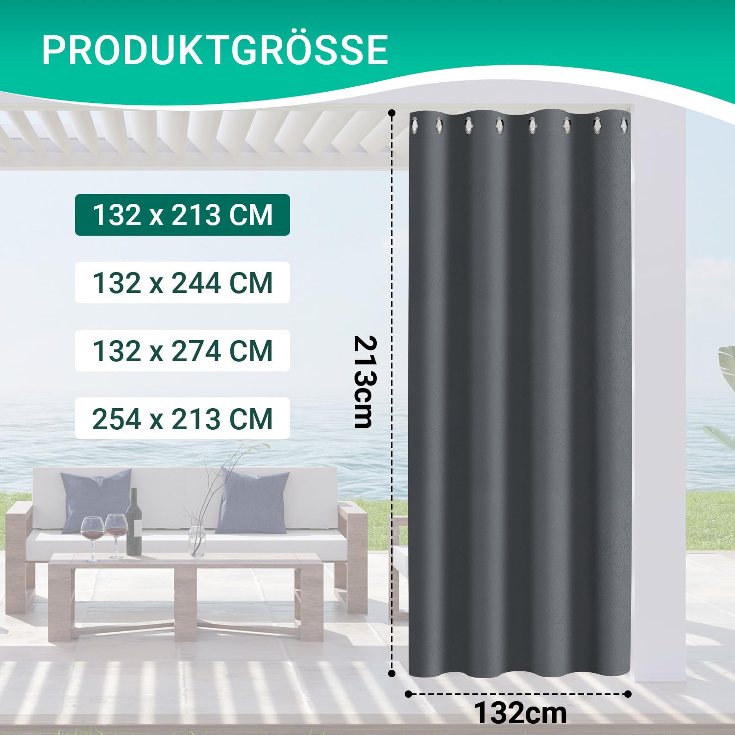 Garden Outdoor Vorhang Wetterfest, Outdoorvorhänge mit 213x132CM(HöhexBreite) Ösen(1.6 inch), Vorhang Sichtschutz Sonnenschutz für Terrasse, Balkon, Pavillon, Vorhang Grau, 1 Stück