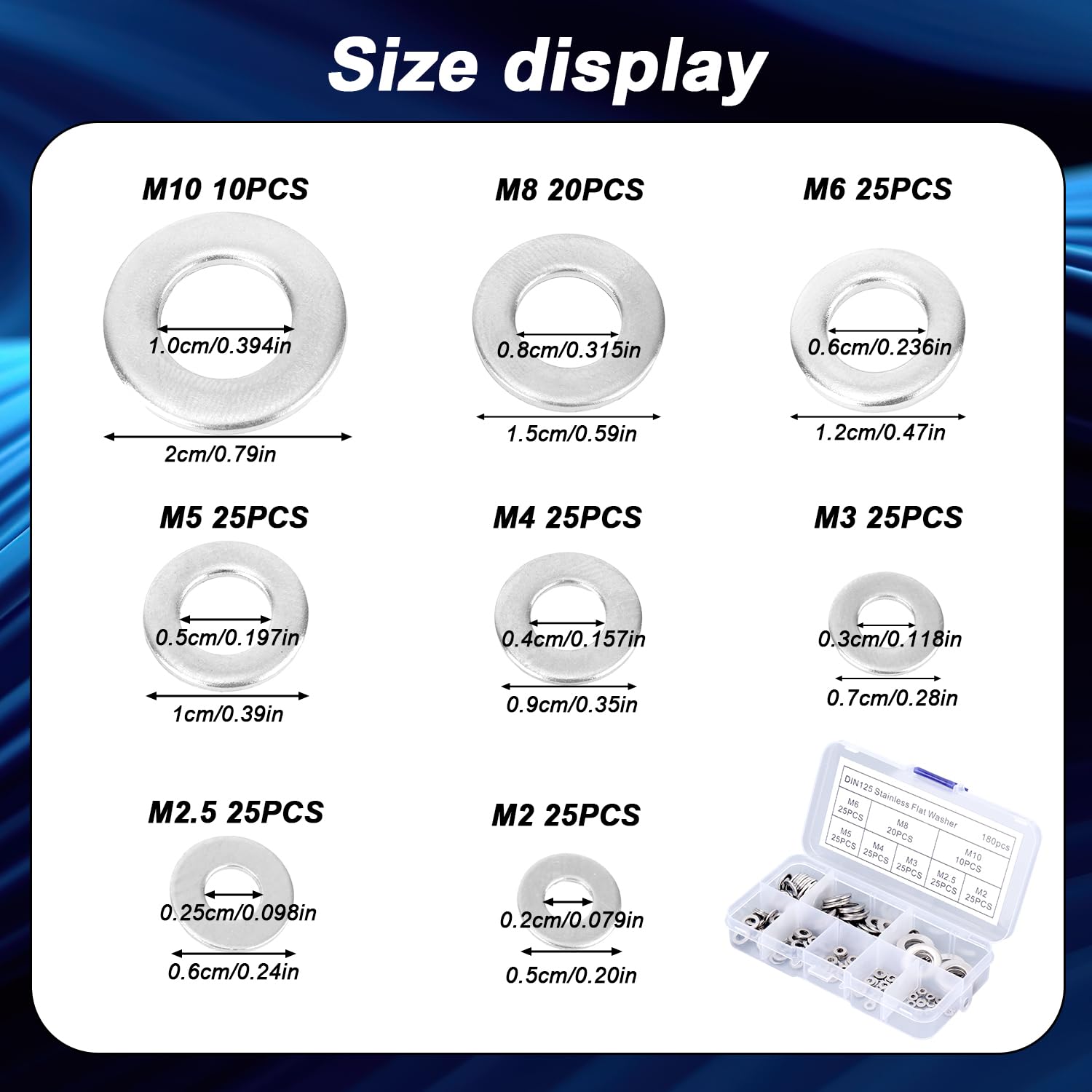 180pcs Flat Fender Washers Set,304 Stainless Steel Flat Fender Washers Assortment Set Metric M2 to M10 Hardware Fasteners Kit for Screws Bolts Industrial Electrical Furniture Structural Testing