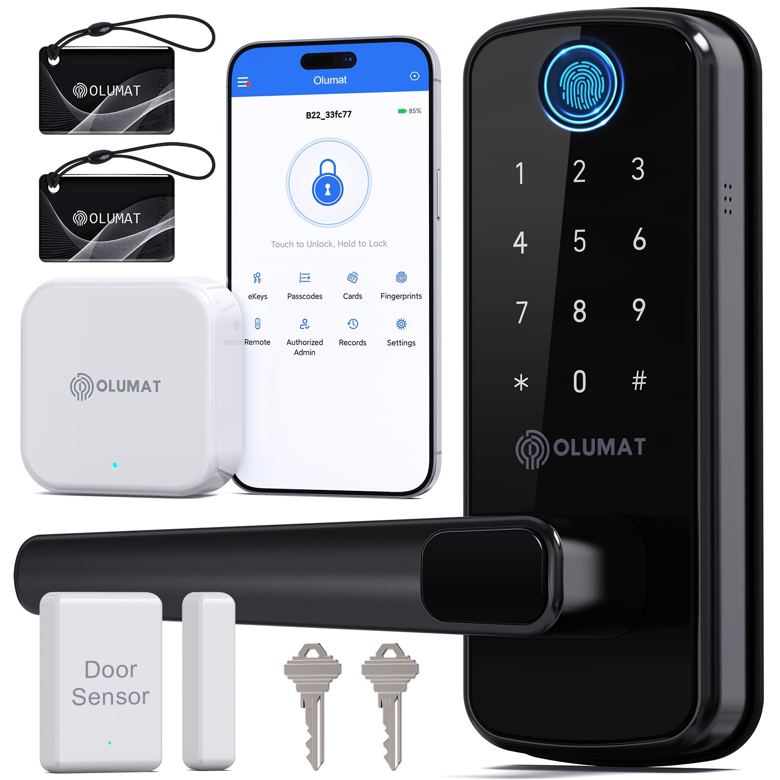 Smart Door Lock with Handle: Olumat Keyless Entry Door Lock with WiFi Gateway-Fingerprint Lock with Door Sensor -Smart Locks for Front Door with Keypad