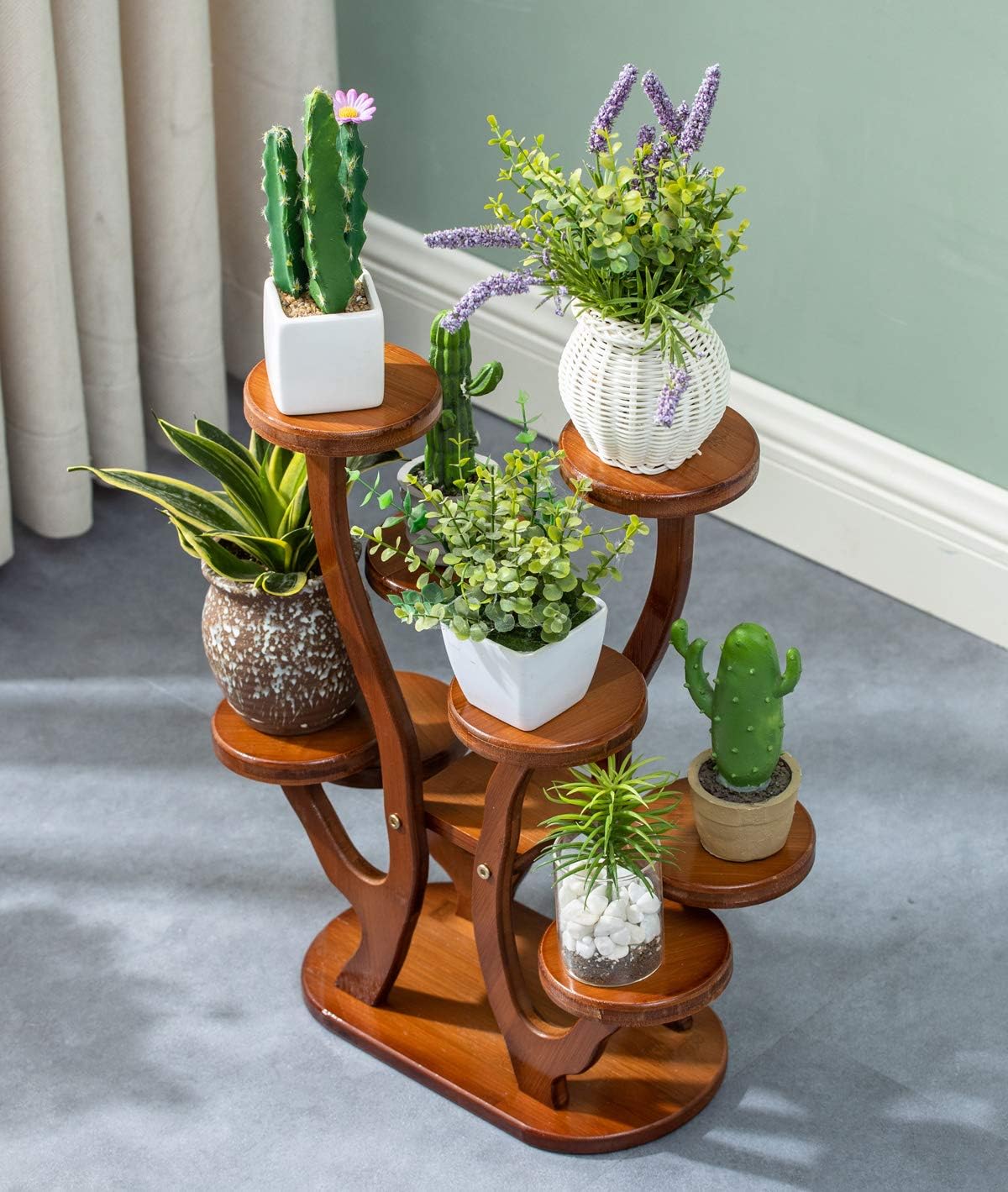 Bamboo 8 Pottred Plant Stand Rack Multiple Flower Pot Holder Corner Balcony Living Room Shelf Indoor Outdoor Plant Display Shelving Unit for Patio Garden