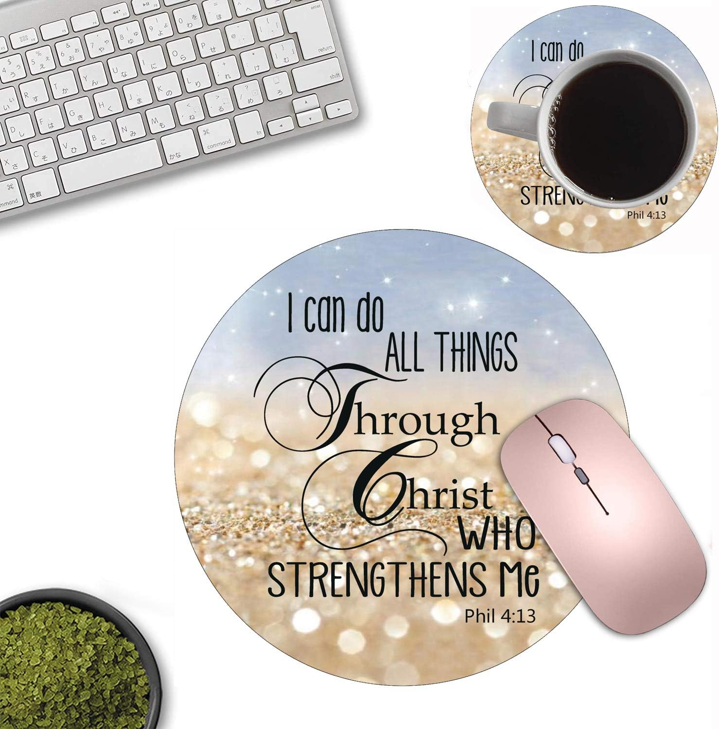 Round Mouse Pad and Coasters Set, Rainbow Glitter Mousepad, Inspirational Quotes Christian Bible Verse Phil 4-13 Mousepad, Non-Slip Rubber Base Mouse Pads for Laptop and Computer image 4