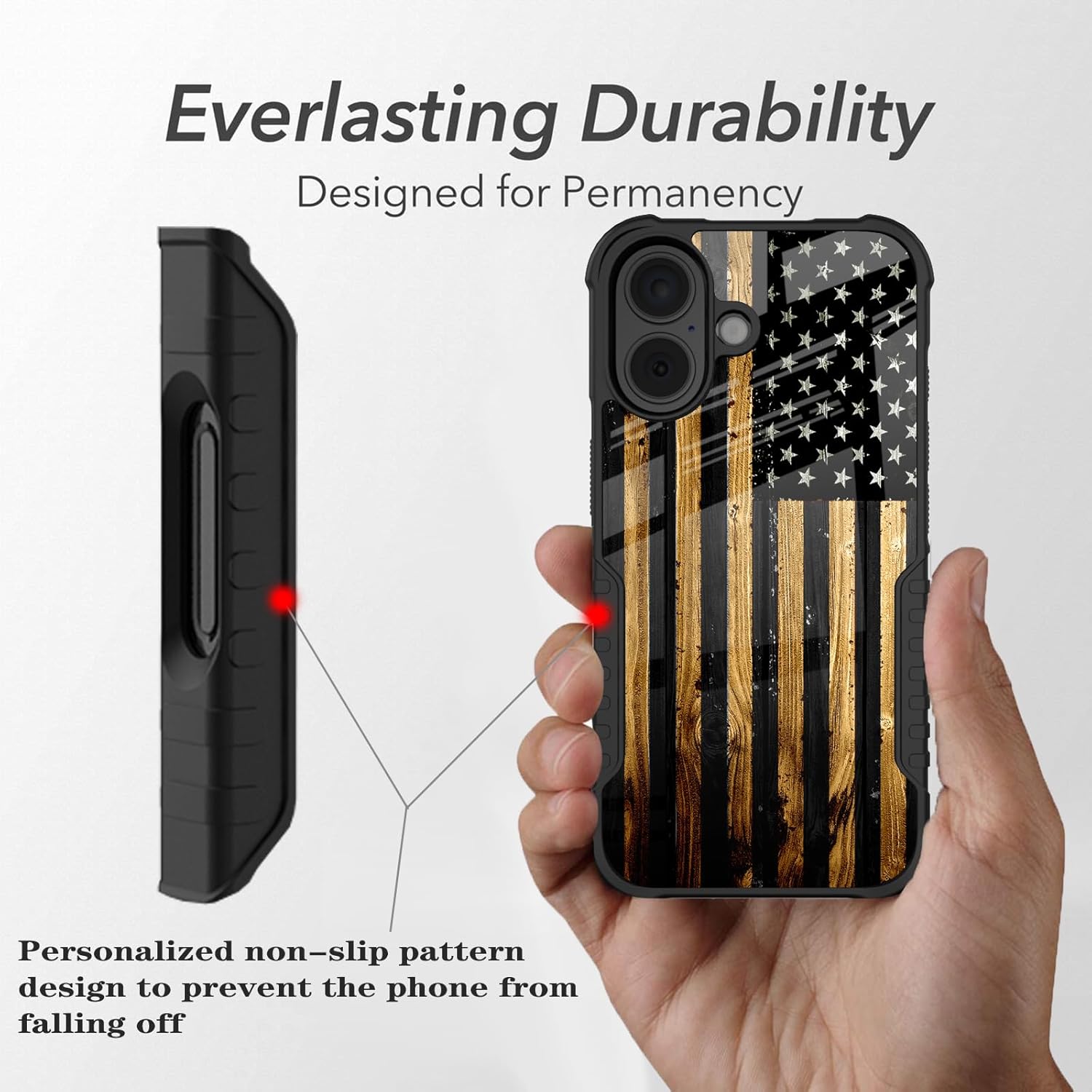 Compatible with iPhone 16 Case Classic Wood Grain Old American Flag Design for Men Boys, Full Body Shockproof Anti-Scratch Tough Hard PC Back TPU Bumper Drop Protection Case for iPhone 16 - Image 4