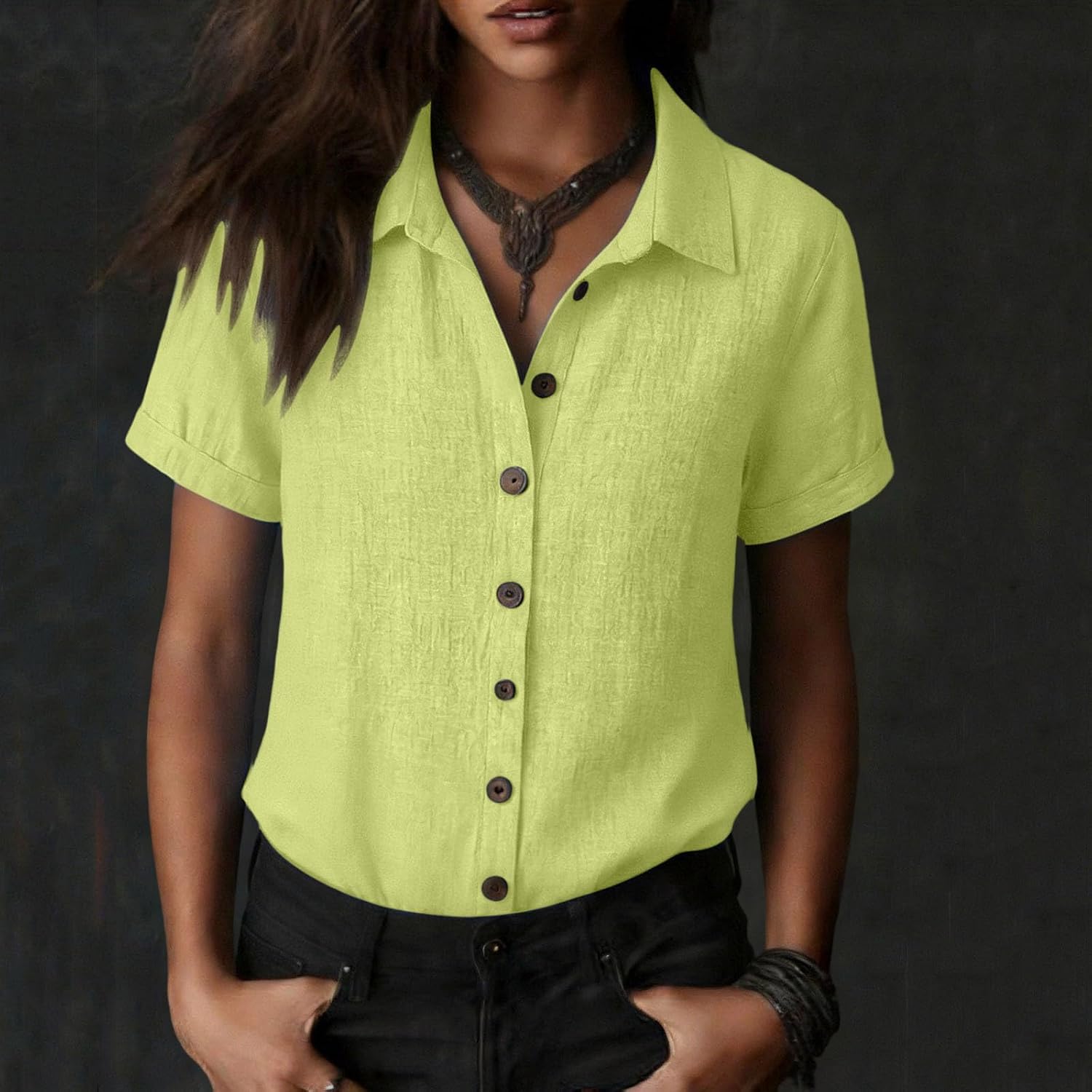 Women's Cotton Button Down Shirts Collared Short Sleeve Blouse Loose Fit Casual Summer Tops with Rolled Cuffs