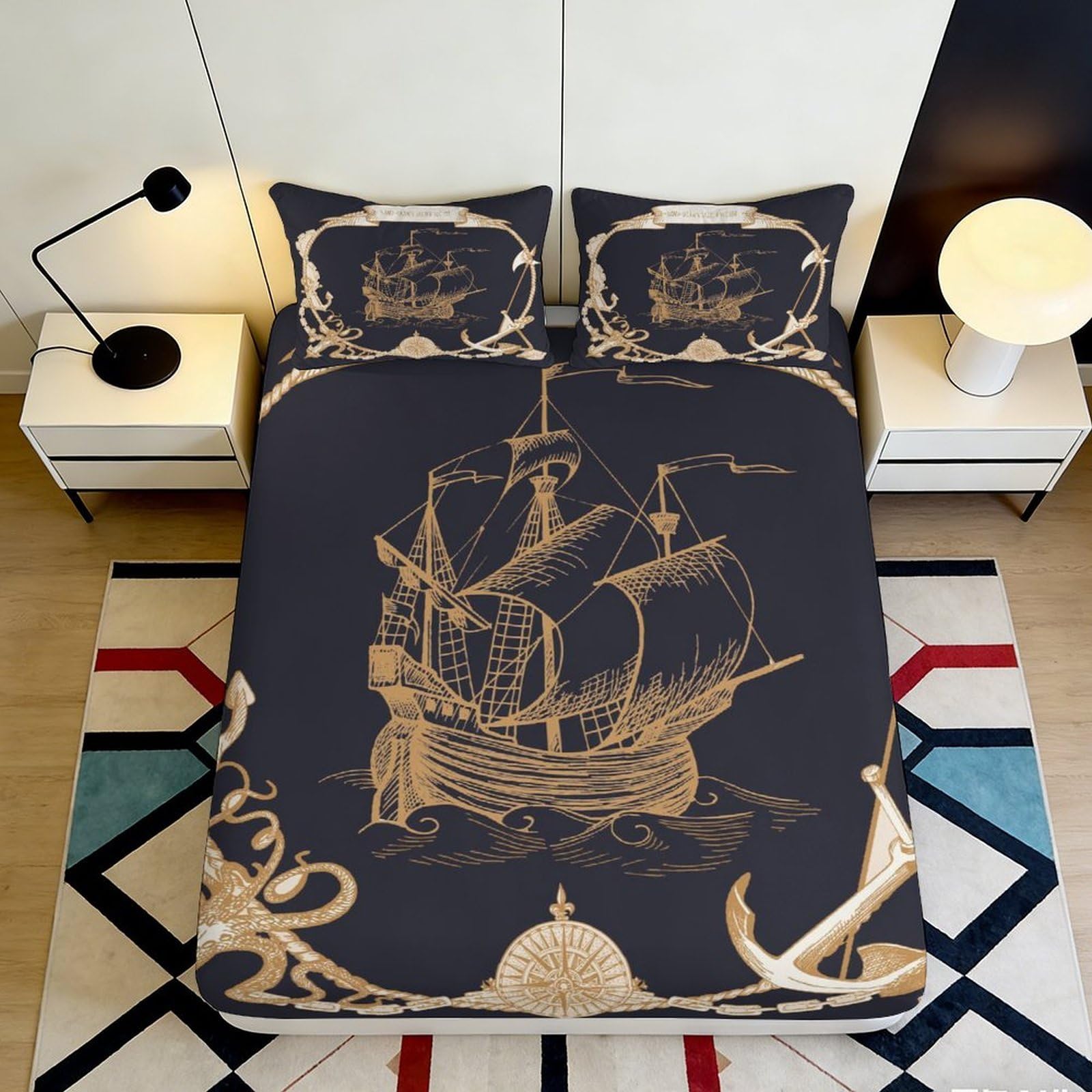3D Printed Vintage Ship Fitted Sheet Microfiber Soft Breathable Nautical Anchor Bed Cover for Bedroom Dormitory Guest Room Mattress Protection 180x200x25cm