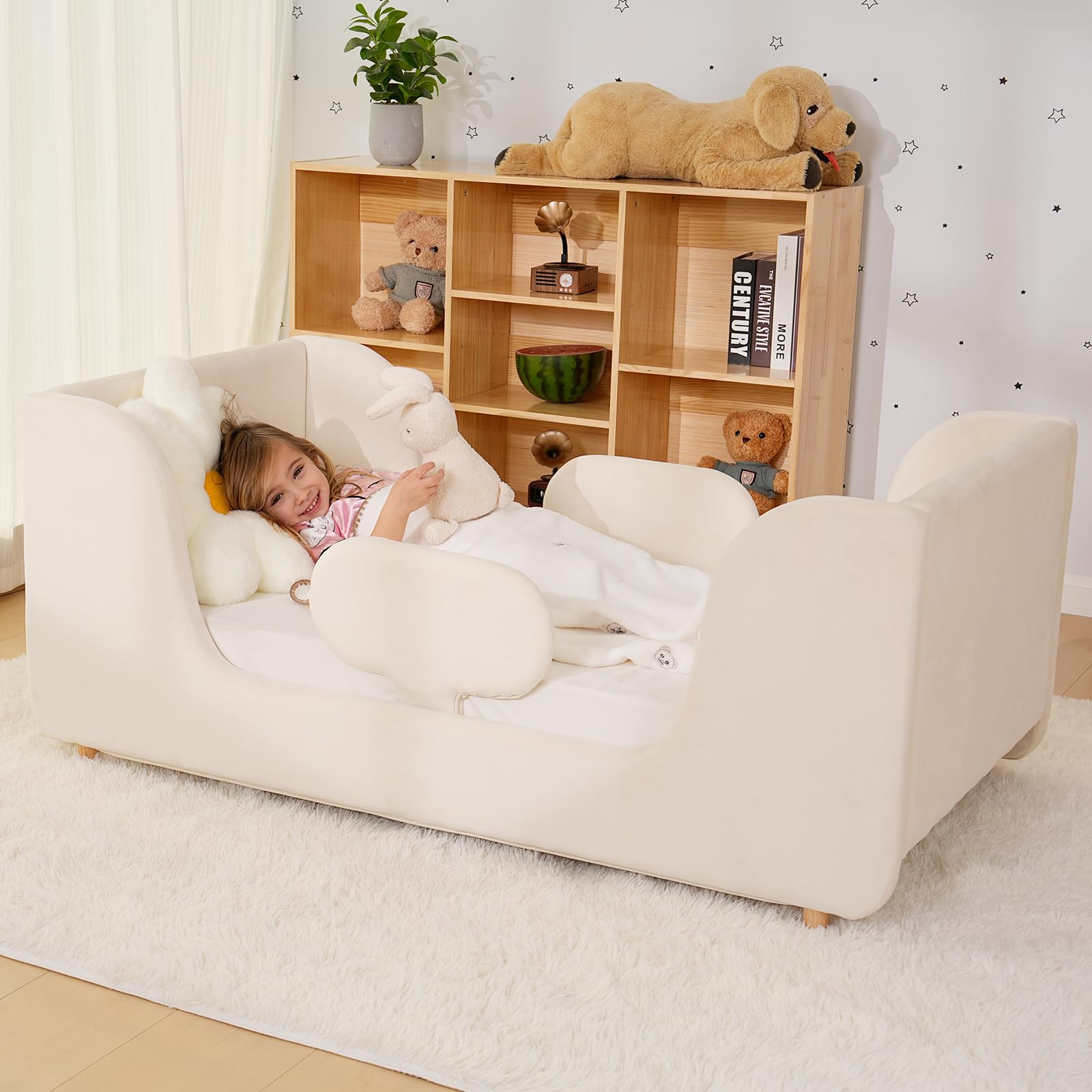 Kinderbett, weich gepolstertes Bodenbettgestell aus Massivholz für Kleinkinder, extra Sicherheitsbreite & verstärkte Latten, Kinderbetten für Mädchen & Jungen (Matratze Nicht enthalten)