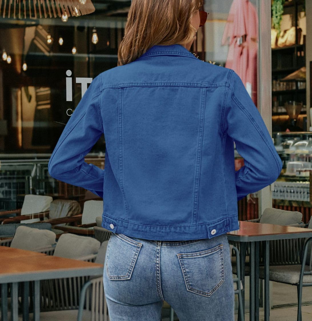 Cropped Denim Jacket for Women Fashion Solid Color Long Sleeve Lapel Button Up Jean Jacket with Pockets Vintage Western Trucker Jackets Fall Lightweight Outwear Short Jackets Blue S