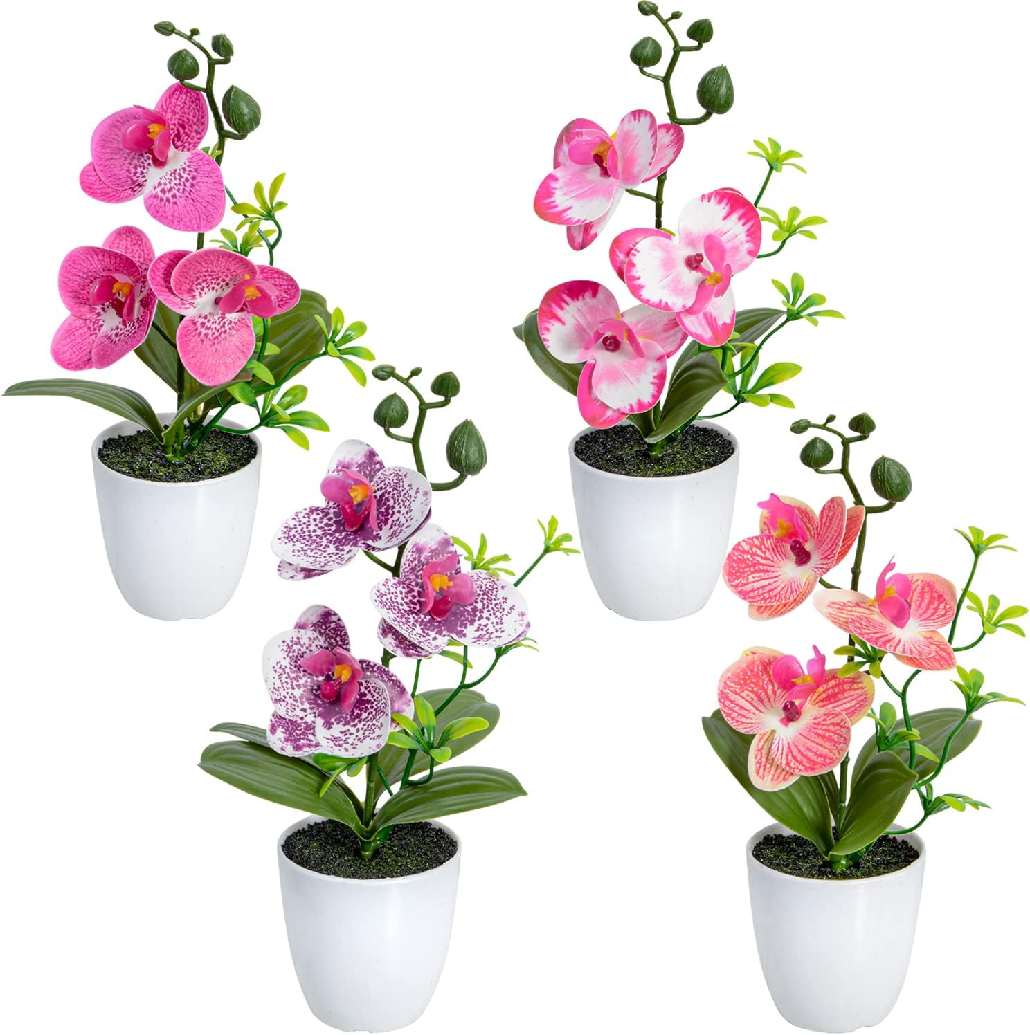 Artificial Orchid Flowers, 4Pcs Mini Potted Fake Orchid Flowers with Plastic Vase for Home Office Wedding Table Decoration(Red, Purple, Pink, Orange)