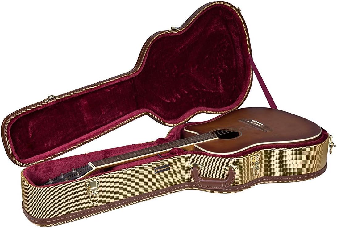 Hardshell Arch Top Wooden Case for 6 or 12 String Acoustic Dreadnought Guitars, Vintage Tweed