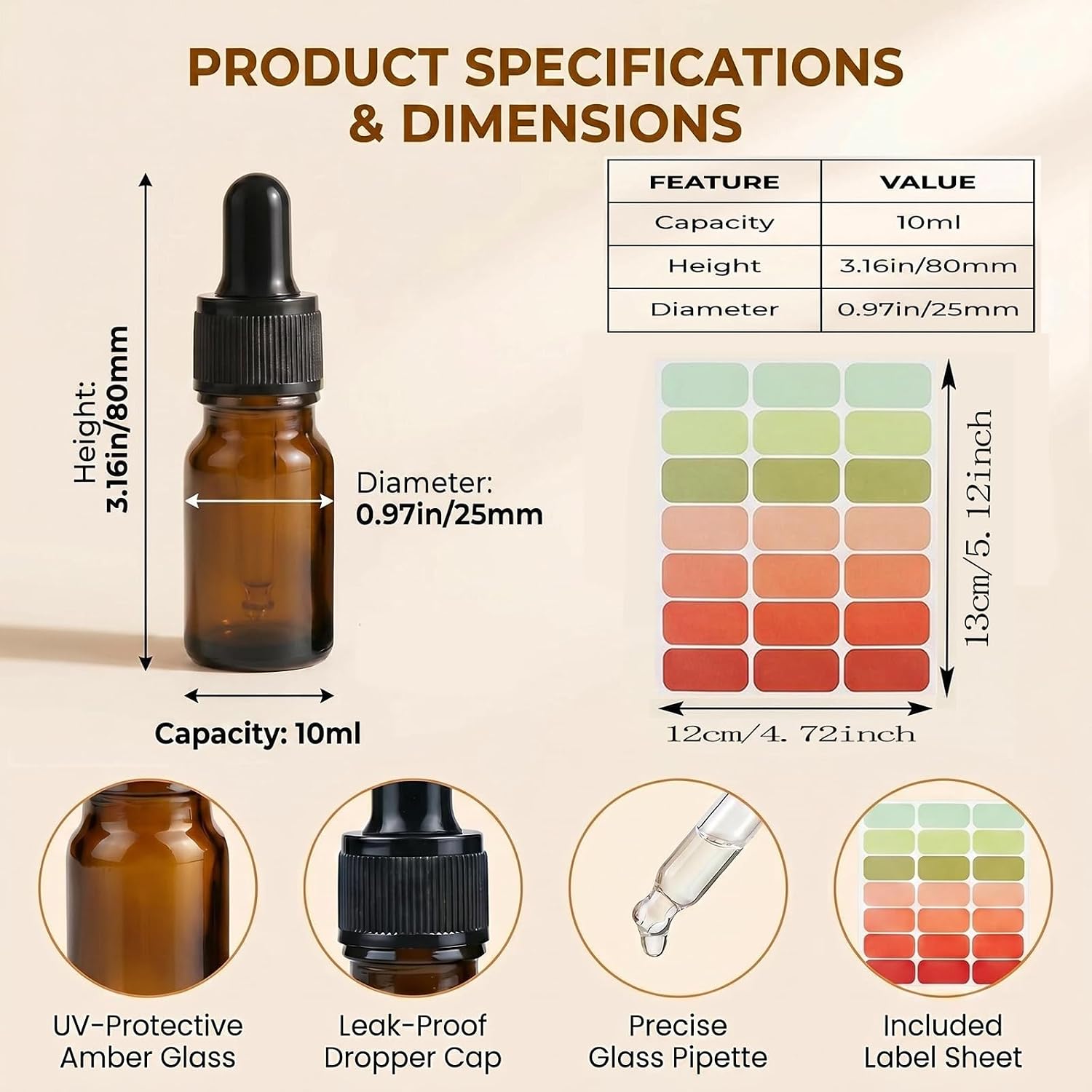6 Pack 10ml/0.34oz Travel Refillable Amber Glass Dropper Bottles, Leak-Proof Tincture Bottles with Ribbed Caps and Label Stickers for Essential Oils, Perfume, Aromatherapy & Liquid Storage