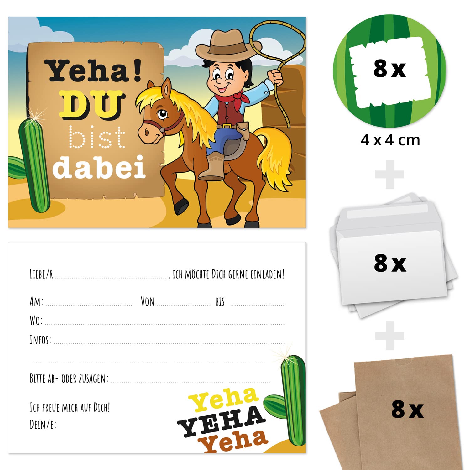Kindergeburtstag Einladung Set Cowboy Mit Pferd – 8 Karten, Umschläge, Tüten & Aufkleber, Komplett Für Party-Motto