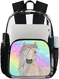 Mochila transparente de cavalo flor arco-íris galáxia mochila resistente para livros, cavalo bonito impermeável mochila transparente PVC mochila transparente com alça de ombro reforçada para escola, trabalho, viagens, Multicor