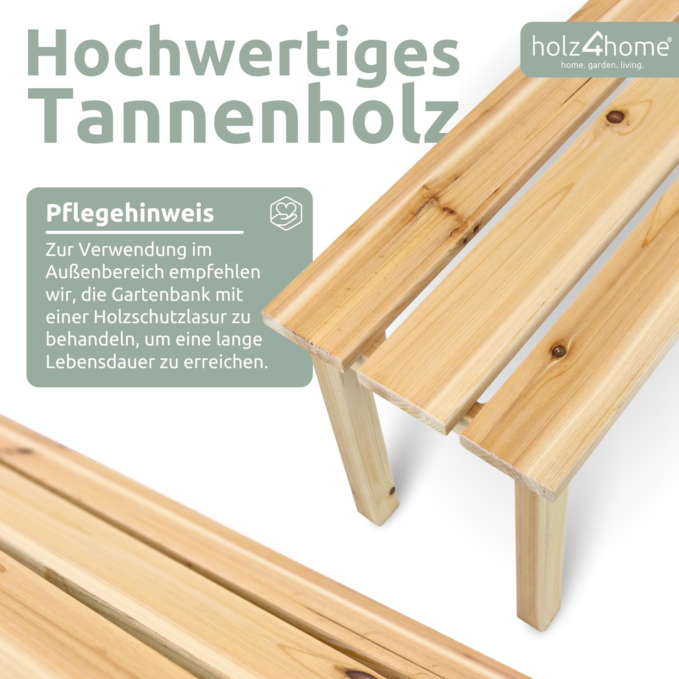 holz4home® Gartenbank Holzbank Natur Hell I Kleine Bank ohne Lehne I Parkbank 2-3 Sitzplätze für Terrasse Garten Balkon I Für Kinder & Erwachsene