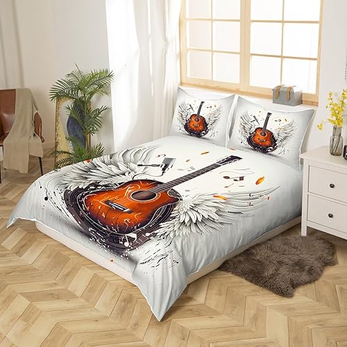 Miniatura 3 de Juego de funda de edredón de guitarra, tamaño matrimonial, juego de ropa de cama retro con notas musicales y alas de ángel, decoración de habitación