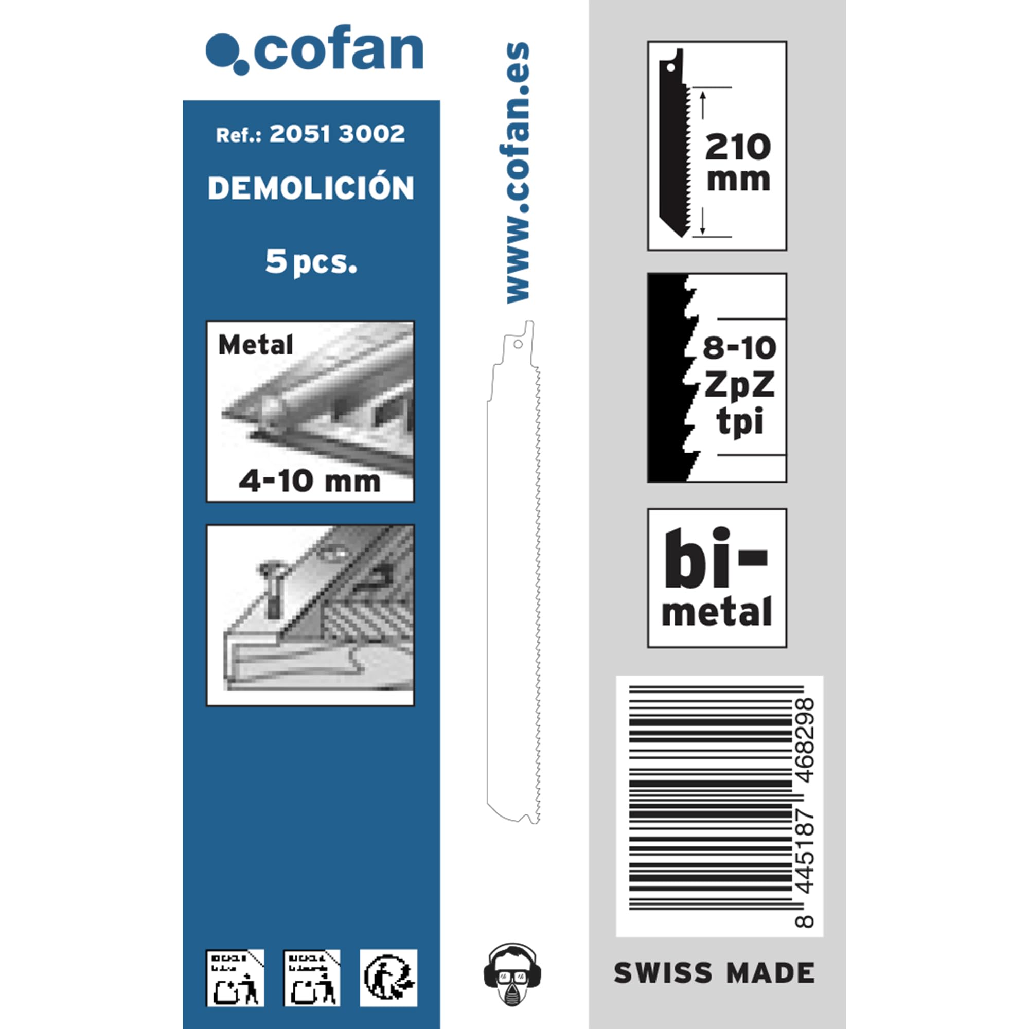 Cofan Hojas de sierra de sable bimetálicas para demolición 5 piezas 210 x 8-10 mm, Hojas universales cortes exigentes en multimaterial, Dentado triscado