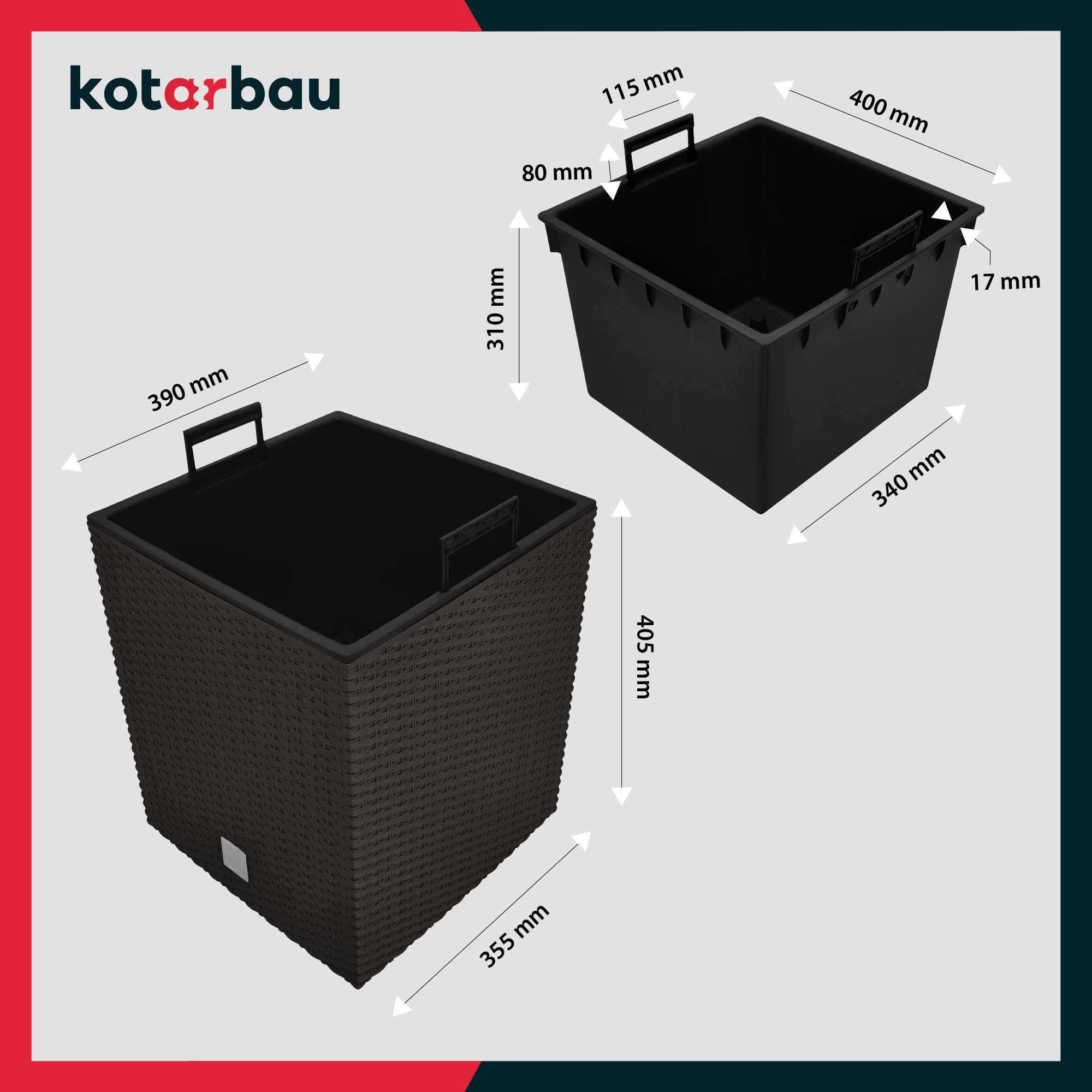 KOTARBAU® Juego de 2 macetas de 64 l, altura de 40 cm, de plástico Umbra con maceta interior, juego de macetas como maceta de ratán para interior y exterior