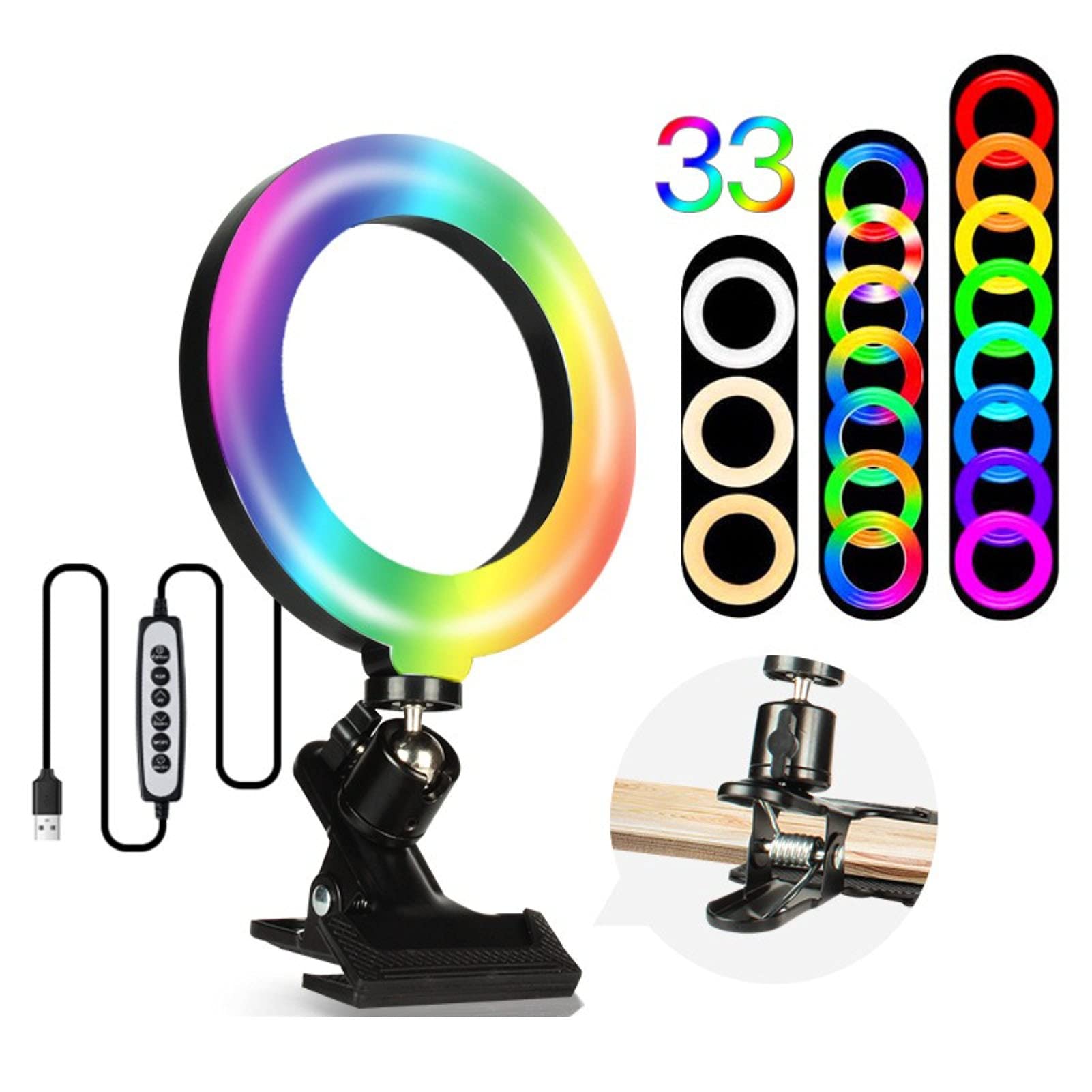 Anello luminoso RGB per selfie da 15,2 cm, con supporto a morsetto, 33 colori dimmerabili, set di illuminazione per videoconferenza USB, per scrivania, computer, laptop, monitor, trucco,
