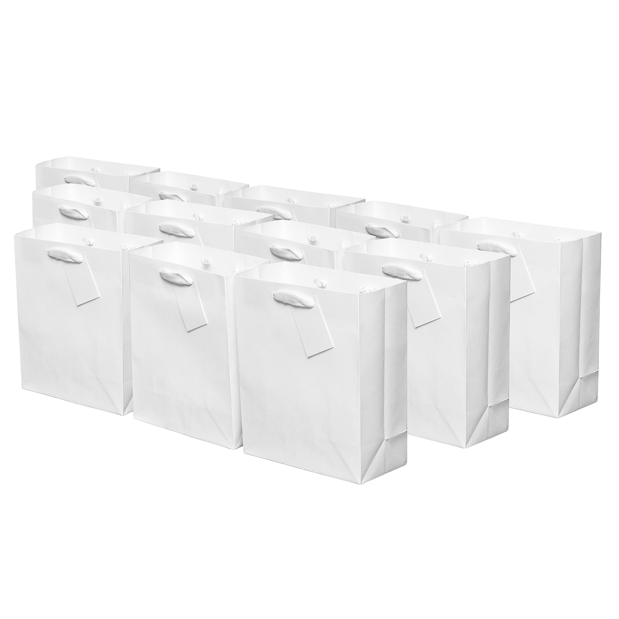 white gift bags - 12 pack medium paper gift bags with fancy handles, luxury shopping euro totes, premium gift wrap for birthday parties, weddings, events, holidays, bridal showers - 7.5x3.5x9