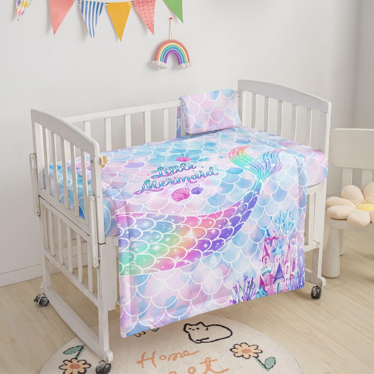 Crib Bedding Set,3pcs Nursery Mermaid Scales Printed Crib Bedding Set,with Comforter Sheet & Skirt for Baby Boys and Girls(Mermaid)