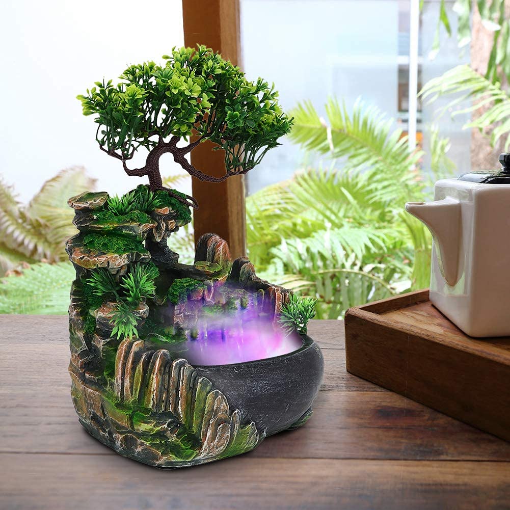 Zimmerbrunnen Tischbrunnen LED Springbrunnen mit Pflanzen Wasserfall Zimmer Brunnen aus Polyresin mit Pumpe Wasserbrunnen Water Fountain für Zimmer Terrarium