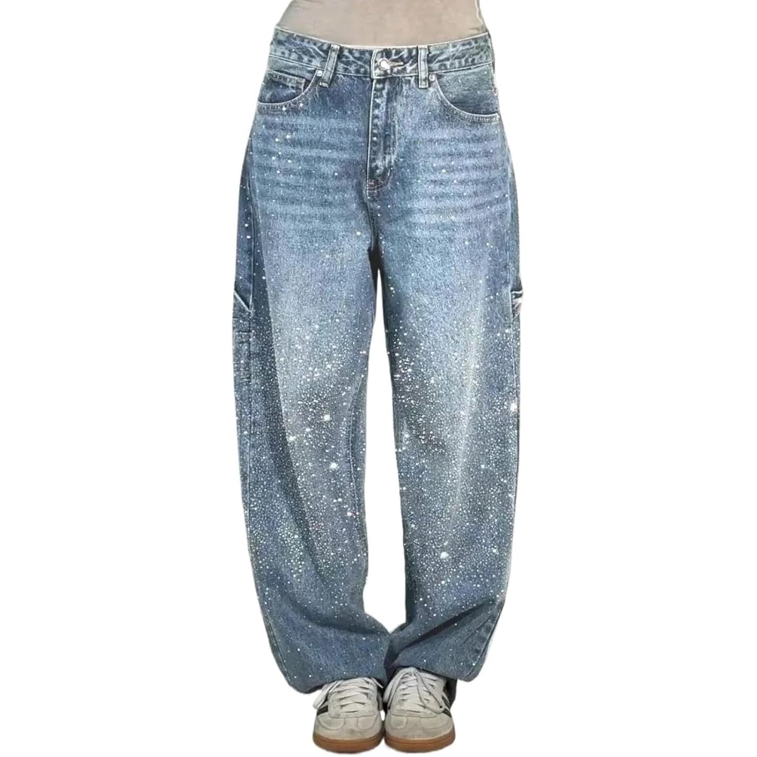 Jeans Larghi Harem con Strass Casual da Donna, Jeans con Strass a Vita Alta da Donna, Jeans Larghi e Scintillanti