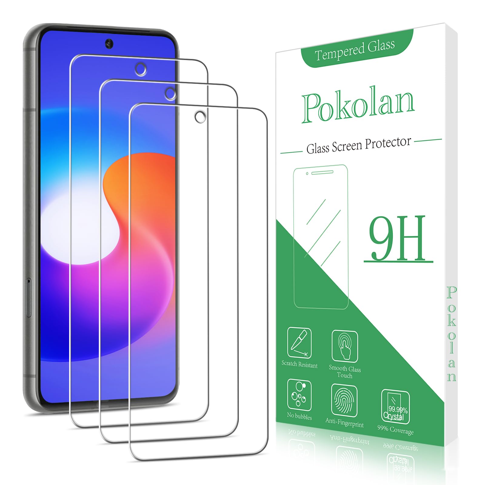 Pokolan 3 Pack Screen Protector for Google Pixel 8 Tempered Glass, Fingerprint ID Compatible, 9H Hardness, HD Clear, Bubble-Free, Anti Scratch, Easy to Install