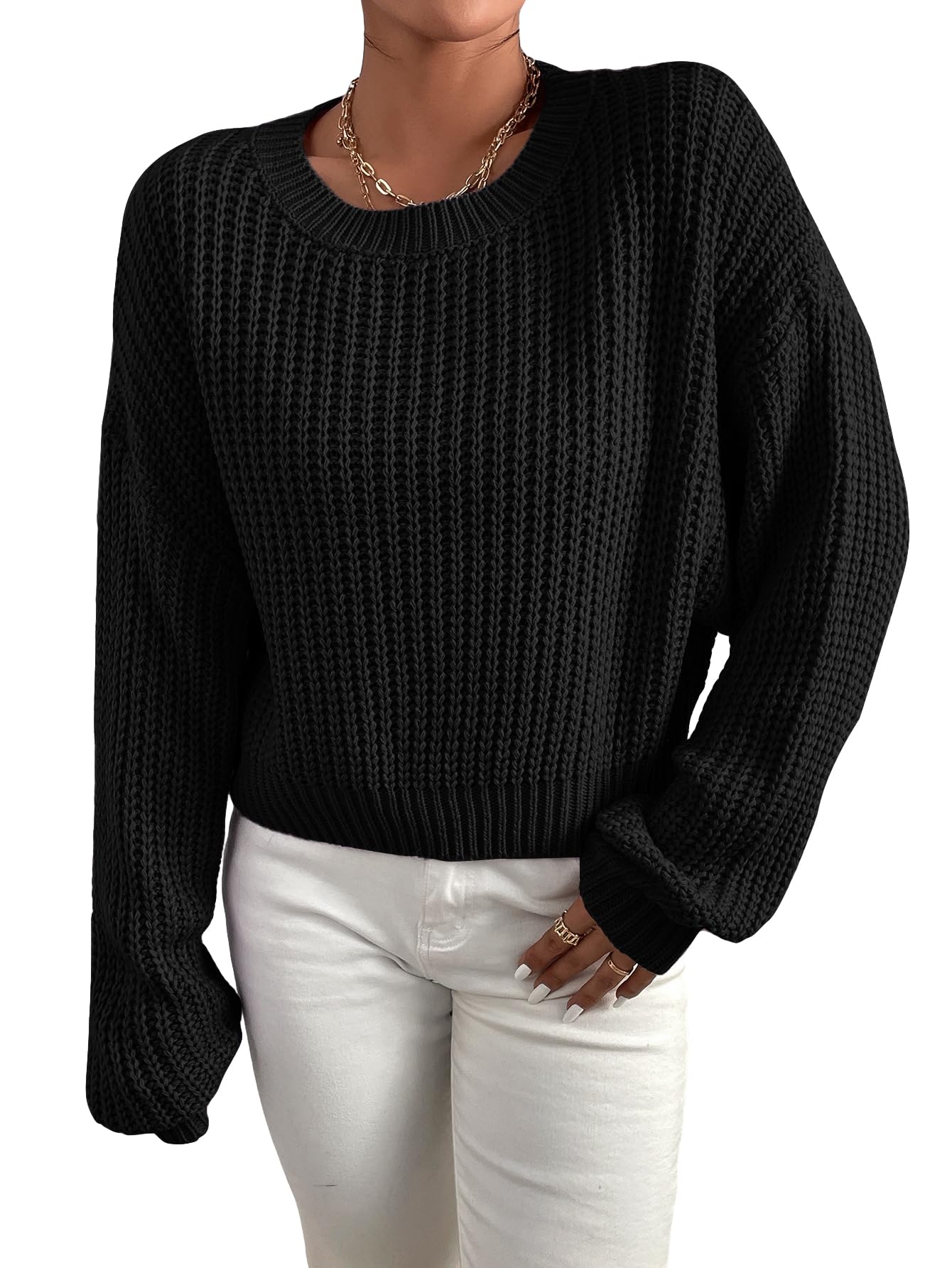 SHENHE Womens Fall Cropped Sweater Chunky Knit Crew Neck Soft Warm Sweater Pullover