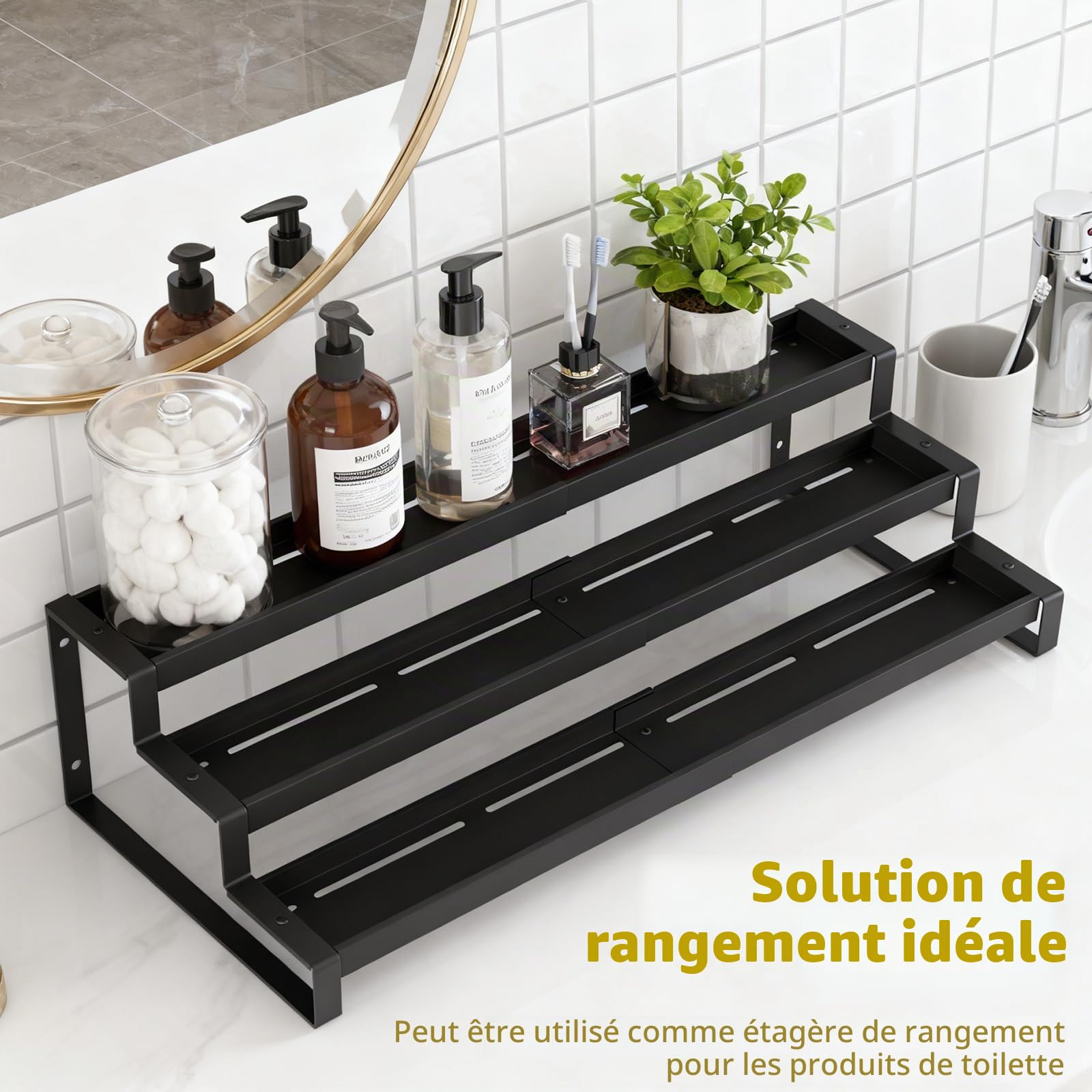 Étagère à épices à 3 niveaux extensible de 36 à 66 cm, grand organisateur d'assaisonnement, étagère à épices pour garde-manger, cuisine, comptoir, salle de bain