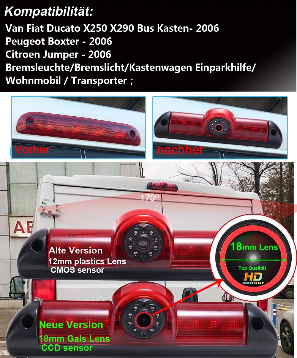 18mm Top Lens HD Terzo Tetto Luce di Freno Telecamera Posteriore Retrocamera Auto per Van Fiat Ducato X250 X290 2006/Peugeot Boxter 2006/Citroen Jumper 2006 (Telecamera retromarcia)