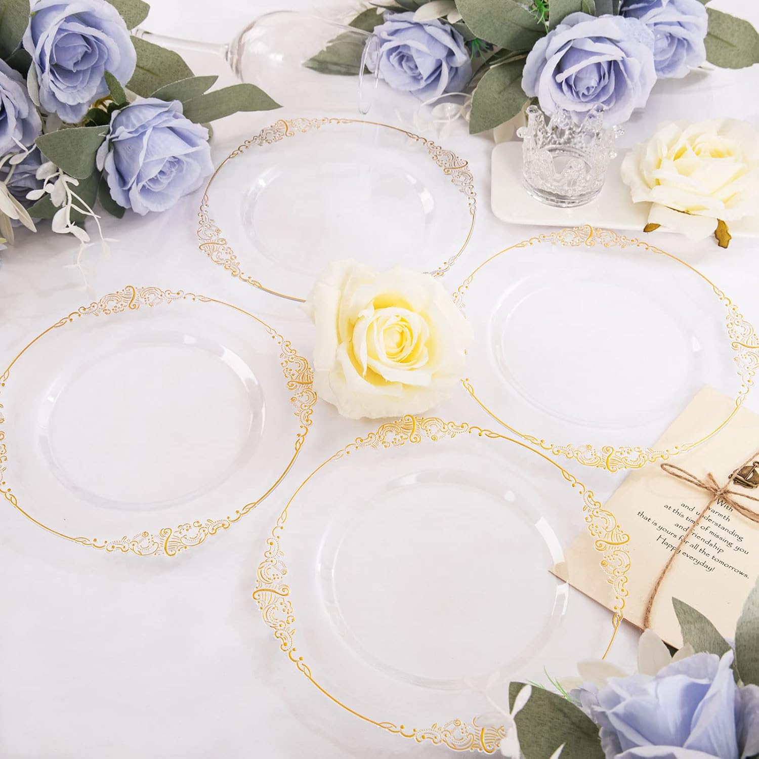 Morejoy Gold Plastic Disposable Plates 200pcs - 10.25inch and 7.5 inch Clear and Gold Dessert Plates, Clear Plastic Plates with Gold Rim for Weddings&Party&Mother'sDay&Shower image 5