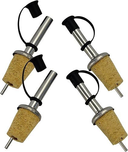 Vertedor de flujo libre de acero inoxidable con tapa, tapón de corcho para botella de vino y licor, paquete de 4