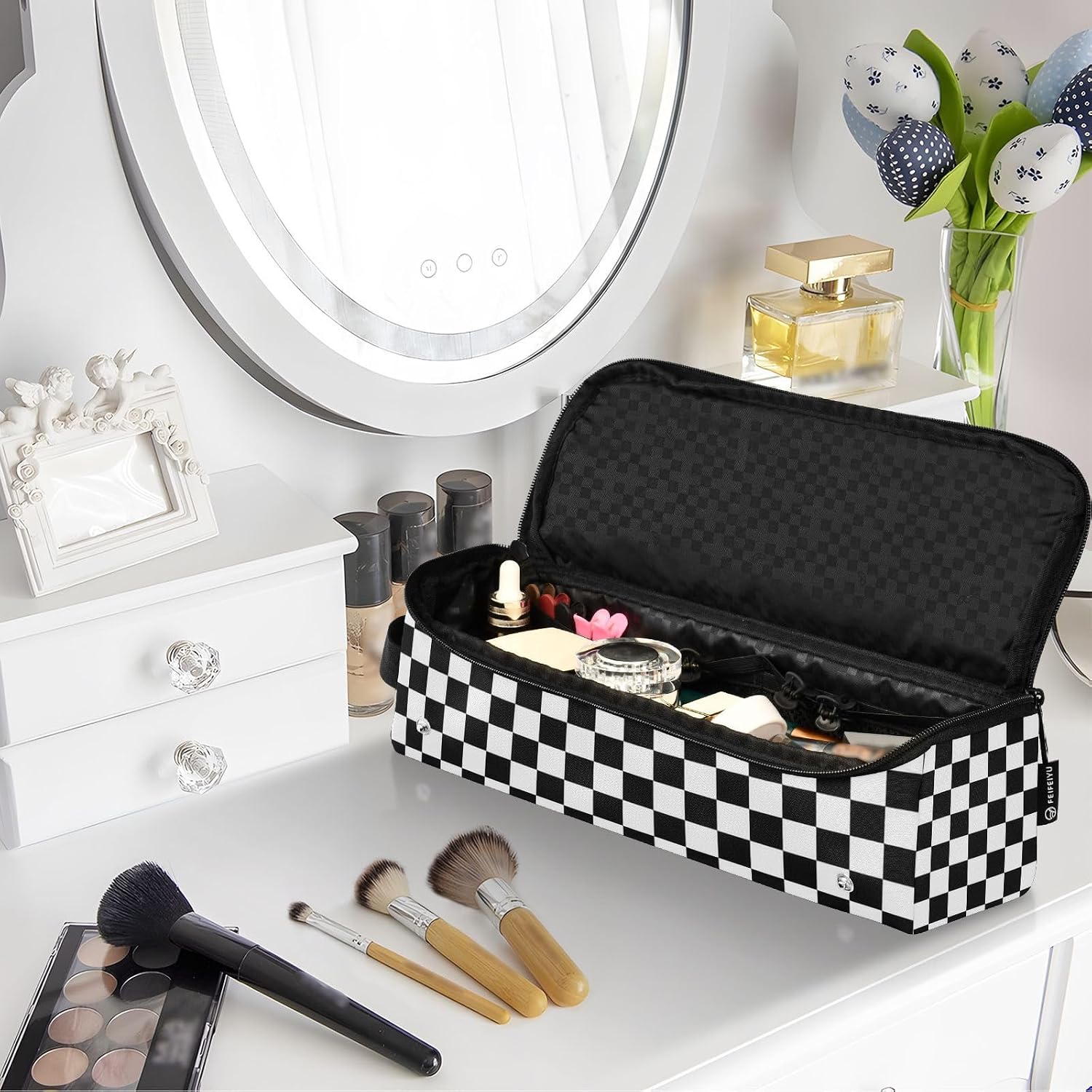 Checkered Black and White Hair Tools Travel Bag with Heat Resistant Mat Detachable 2-in-1 Curling Iron Travel Case Hot Tools Organizer for Straightener Flat Iron