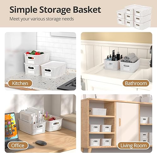 Miniatura 5 de Cesta de almacenamiento de plástico con tapa, contenedores pequeños apilables para organización y contenedores para estantes, cajones, escritorio,