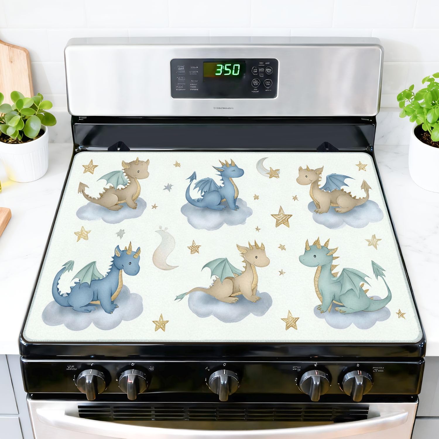 Stove Top Covers for Electric Stove Dragon baby animals watercolor seamless Glass Cooktop Burner Covers Heat Resistant Protector Kitchen Decor Keep Stove Clean 28''x20''