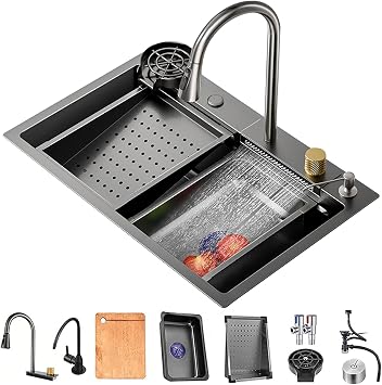 6845CM Black Waterfall Kitchen Sink Stainless Steel Nano Single Bowl Workstation Kitchen Sink With Kitchen Sink Accessories