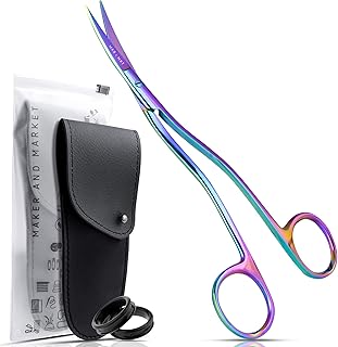 MAKER AND MARKET Applique Long Thin Needlepoint Blade 6.1 Inch - Double Bent Curved Offset Handle Scissors with Pouch Sleeve for Embroidery, Fabric, Thread, Knitting, Sewing, Arts & Craft (Rainbow)