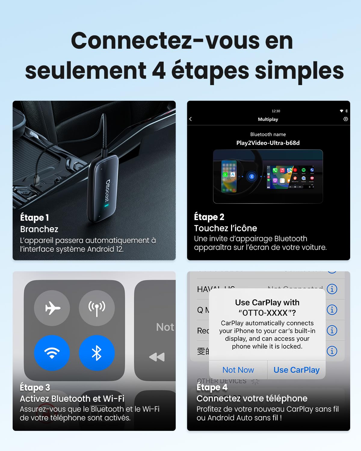 OTTOCAST Play2Video Ultra, 3-en-1 Boîtier AI pour Netflix/Youtube/Prime Video, Adaptateur CarPlay sans Fil & Android Auto avec clé USB, Wi-FI Dual Band, Bluetooth 5.4, 4Go+32Go, Plug & Play