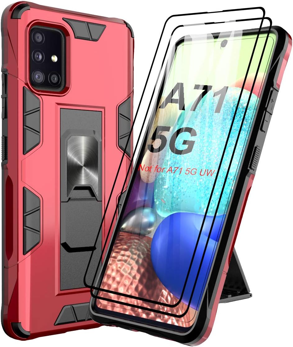 Dahkoiz Case for Samsung Galaxy A71 5G Case with Tempered Glass Screen Protector[2 Pack],Rugged Ring Grip Kickstand Cover Military Grade Drop Protection Phone Cases for Samsung Galaxy A71 5G,Red