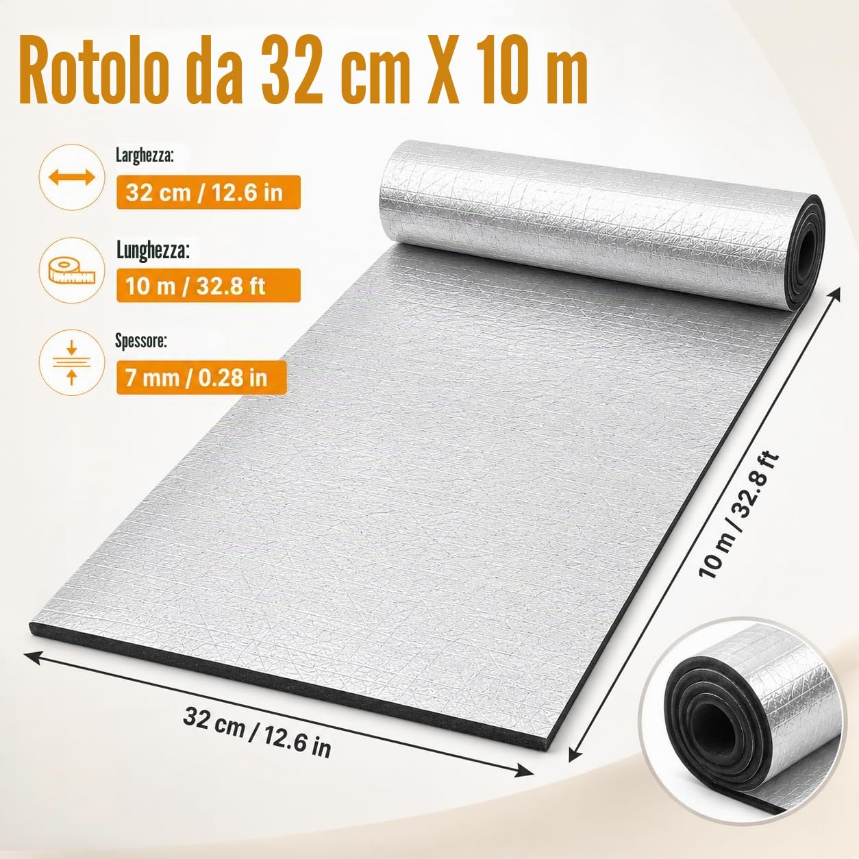 Pannello Isolante Autoadesivo in Alluminio e Gomma, 7 mm, per Loft, Pavimento, Parete, 32 cm x 10 m