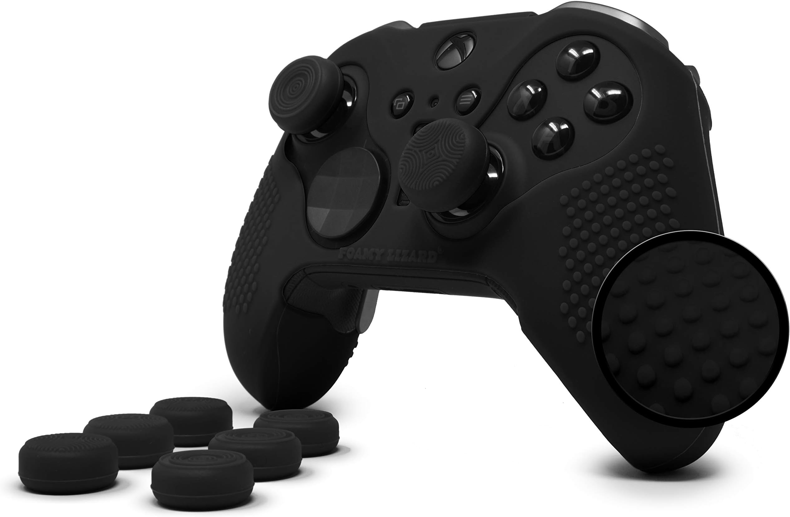 Elite Series 2 Studded Grip Skin for Xbox One Elite Series 2 Controller (NOT for Series X/S/Elite 1) by Foamy Lizard - Sweat Free Silicone w/Flat Top Anti-Slip Studs + 8 QSX-Elite Thumb Grips (Black)
