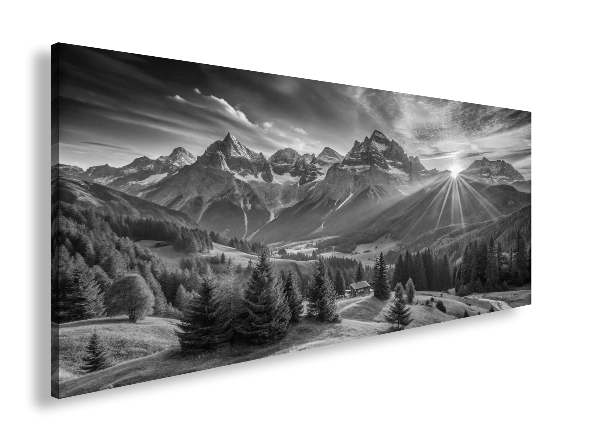 Leinwandbild Sonnenaufgang küsst die majestätischen Alpen Panorama 120x60cm Effekt: Schwarz&Weiß XXL Wandbild auf Keilrahmen/Kunstdruck/Bild Wohnzimmer Dekoration