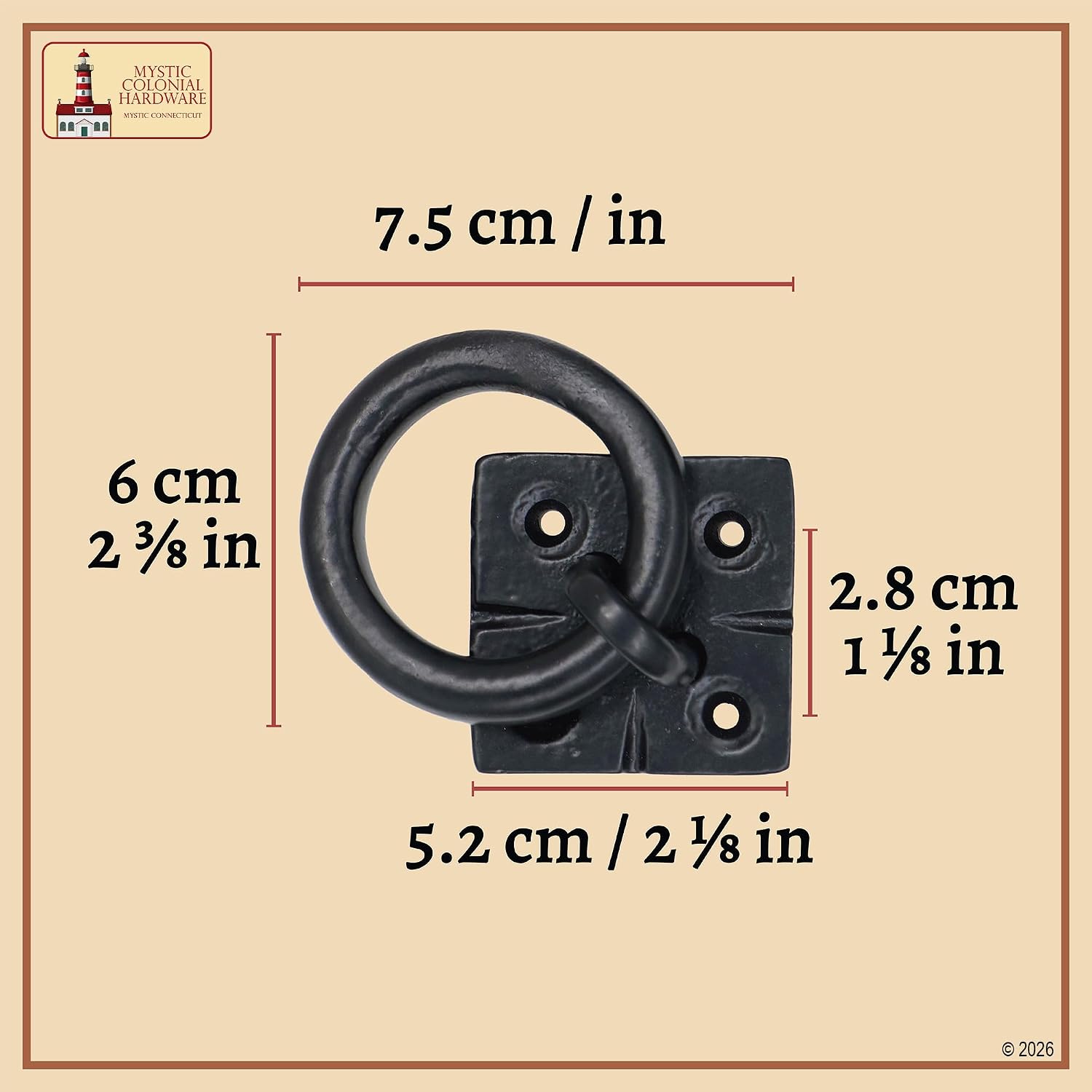 Mystic Colonial Cast Iron Ring Pull Handles Blackened Hammered Finish Antique Style for Cabinet, Drawer & Cupboard Hardware with Screw - Hammered Pack of 10 image 3